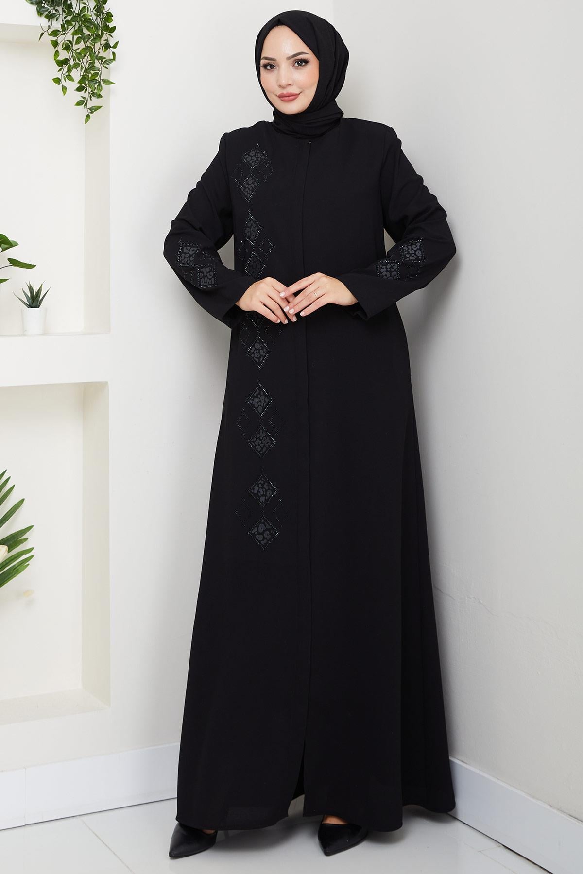 Deri İşlemeli Ferace Siyah HM2849