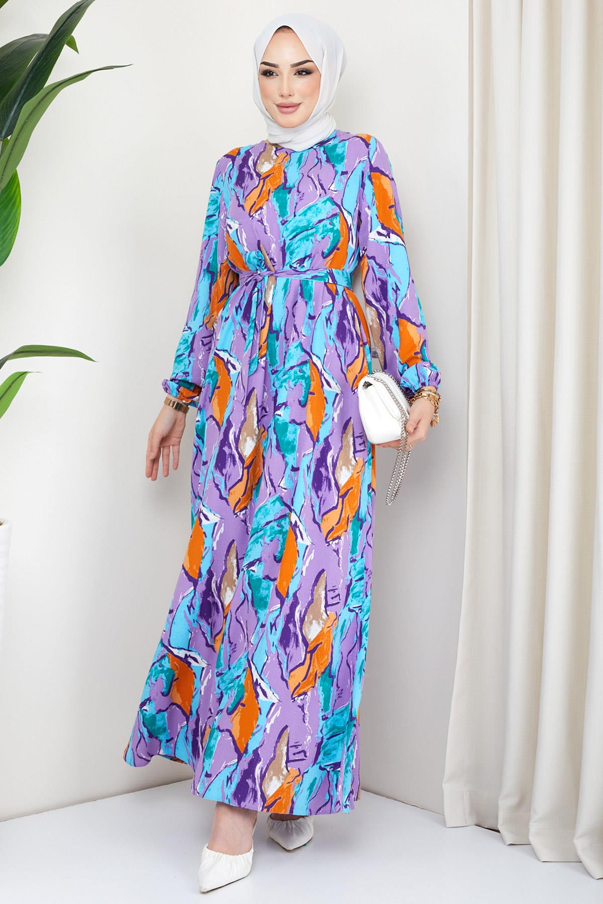 Desenli Viskon Elbise Lila