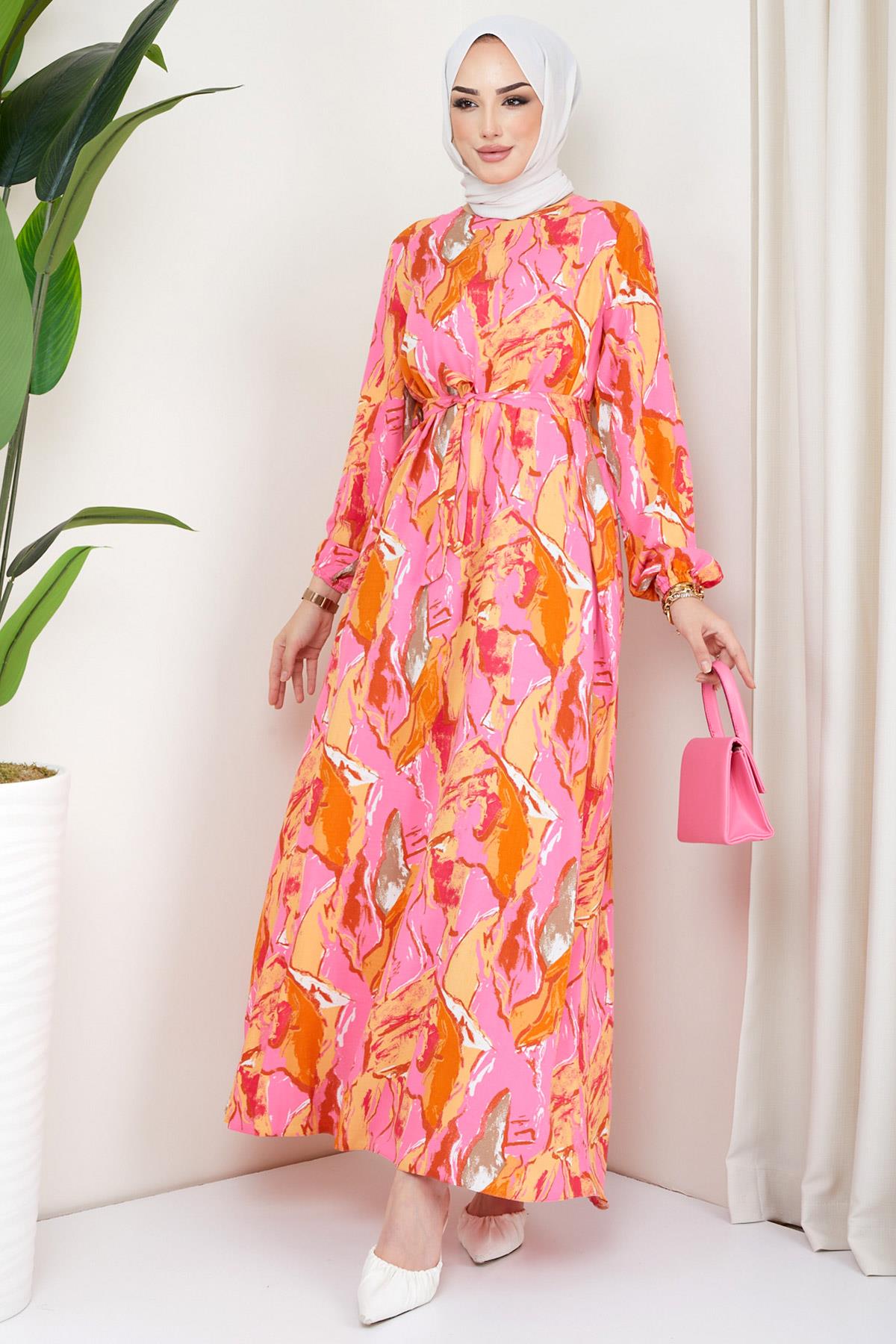 Desenli Viskon Elbise Pembe