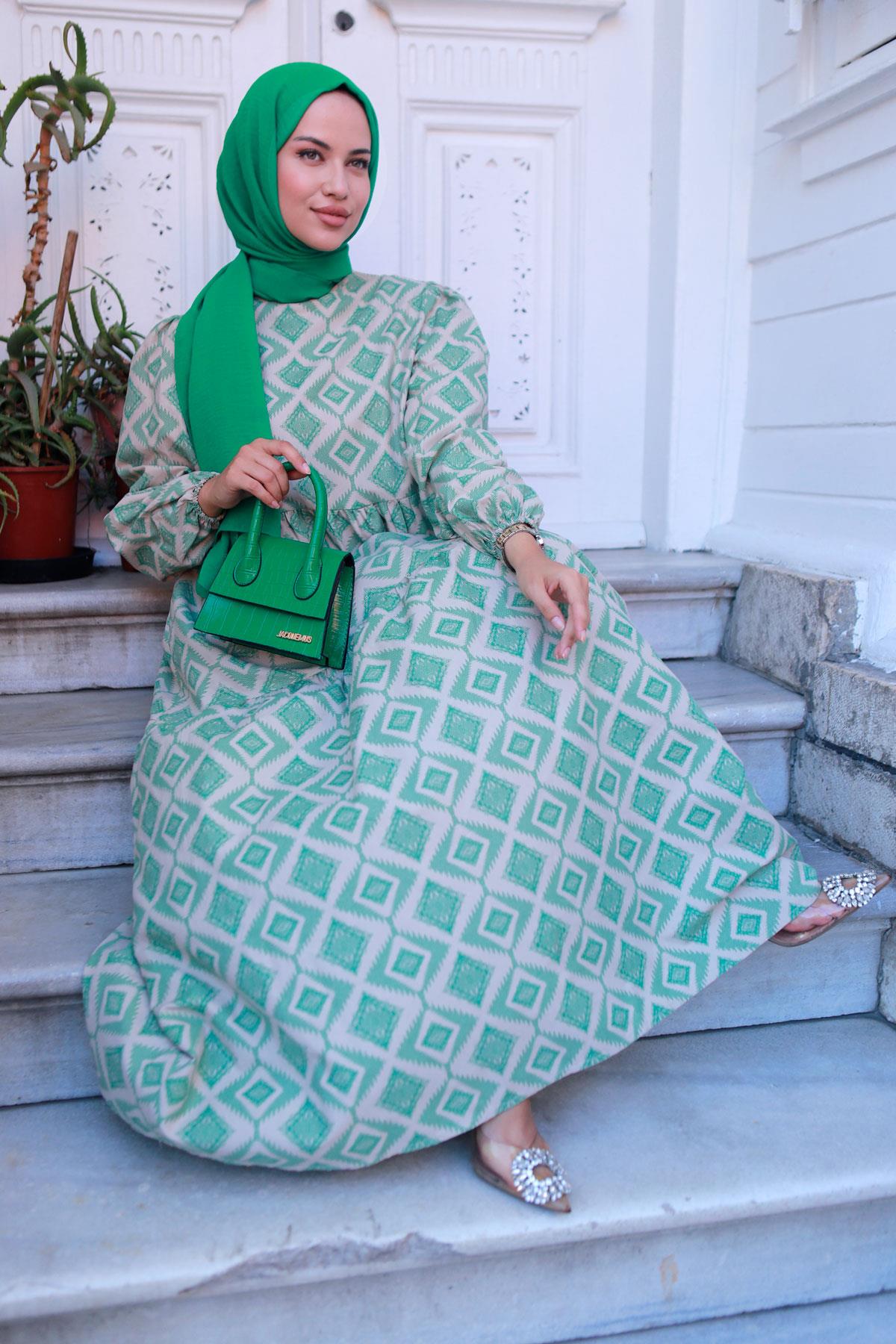 Diyagonal Elbise Yeşil HM2192