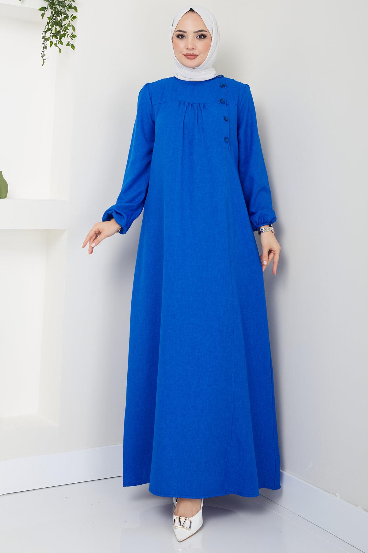 Düğme Detaylı Elbise Saks HM2436