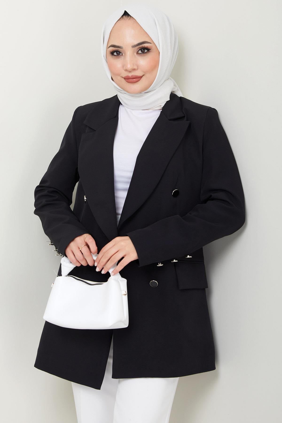 Düğmeli Blazer Ceket Siyah HM2433