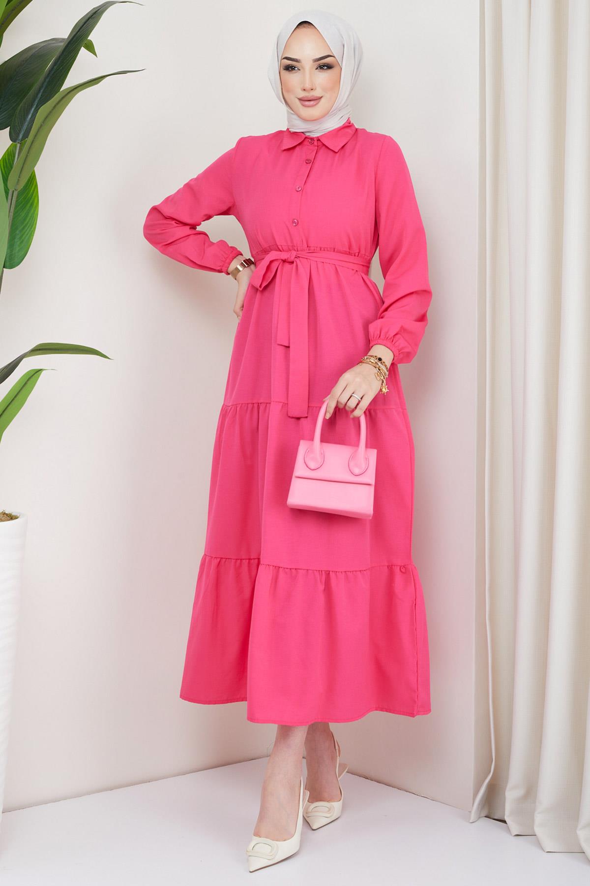 Düğmeli Kat Kat Elbise Fuşya