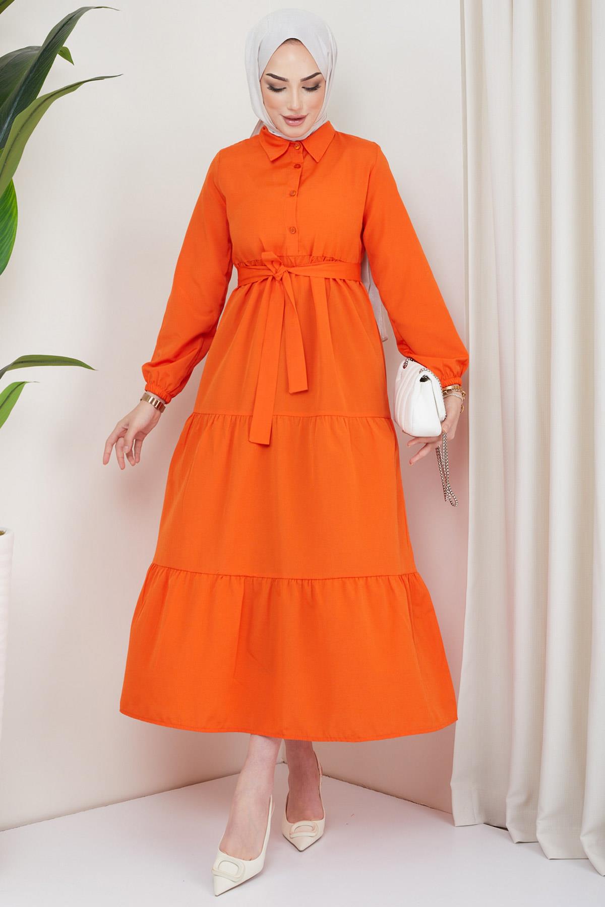 Düğmeli Kat Kat Elbise Turuncu
