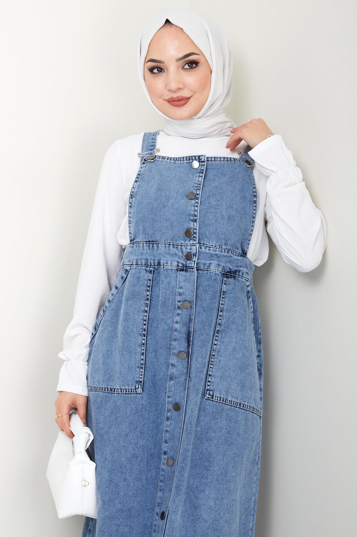 Düğmeli Kot Salopet Elbise Mavi HM2456