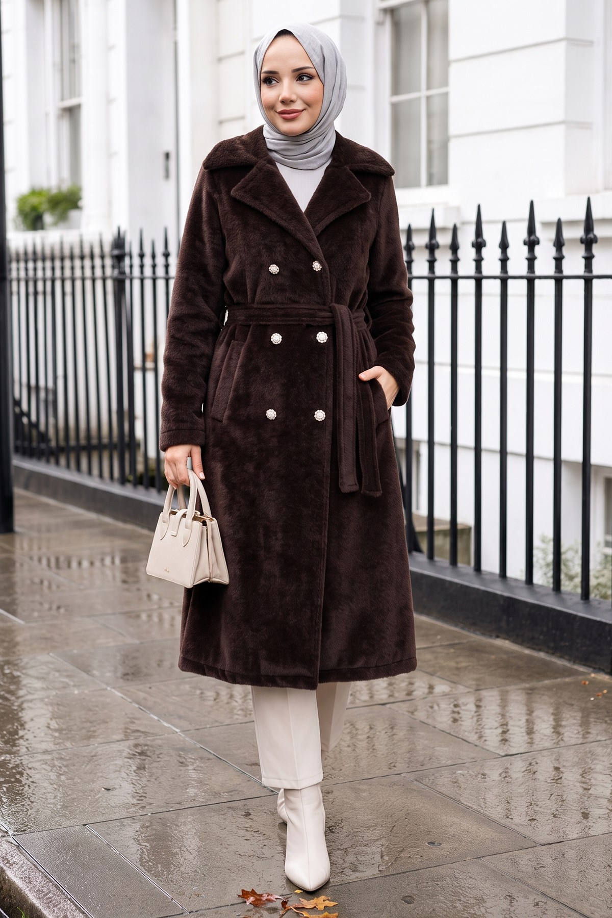 Düğmeli Kuşaklı Angora Kaban Kahverengi HM2969