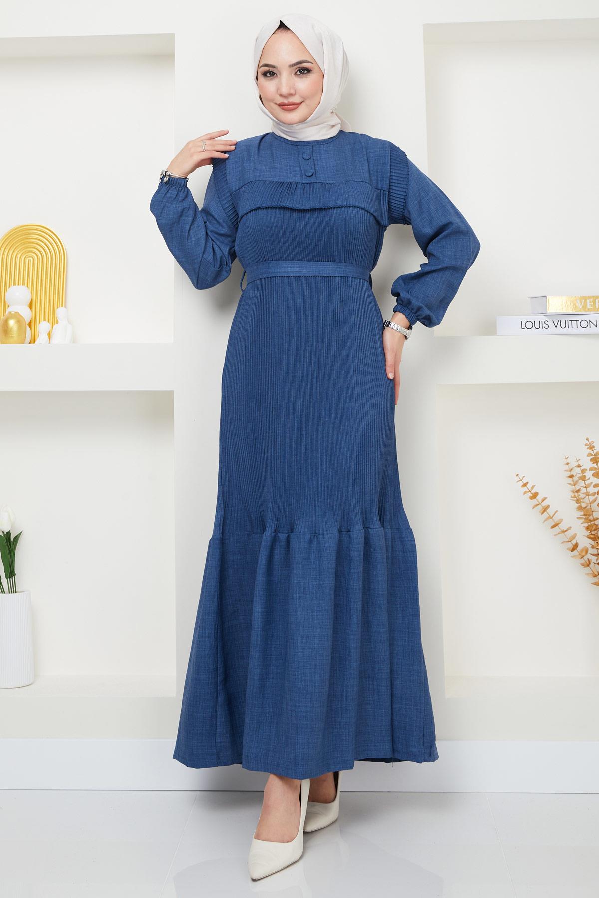 Düğmeli Piliseli Elbise İndigo HM2364