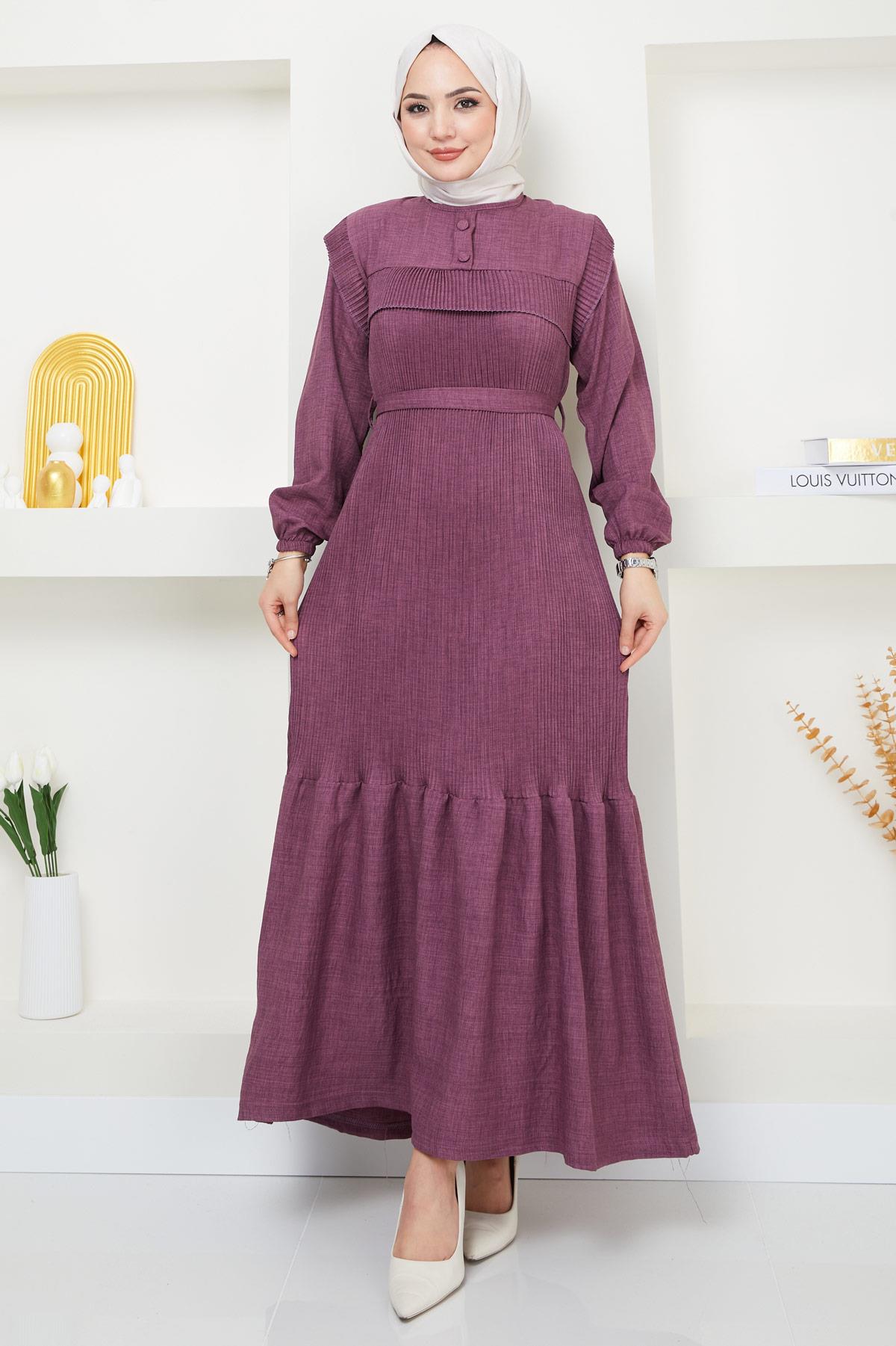 Düğmeli Piliseli Elbise Mürdüm HM2364