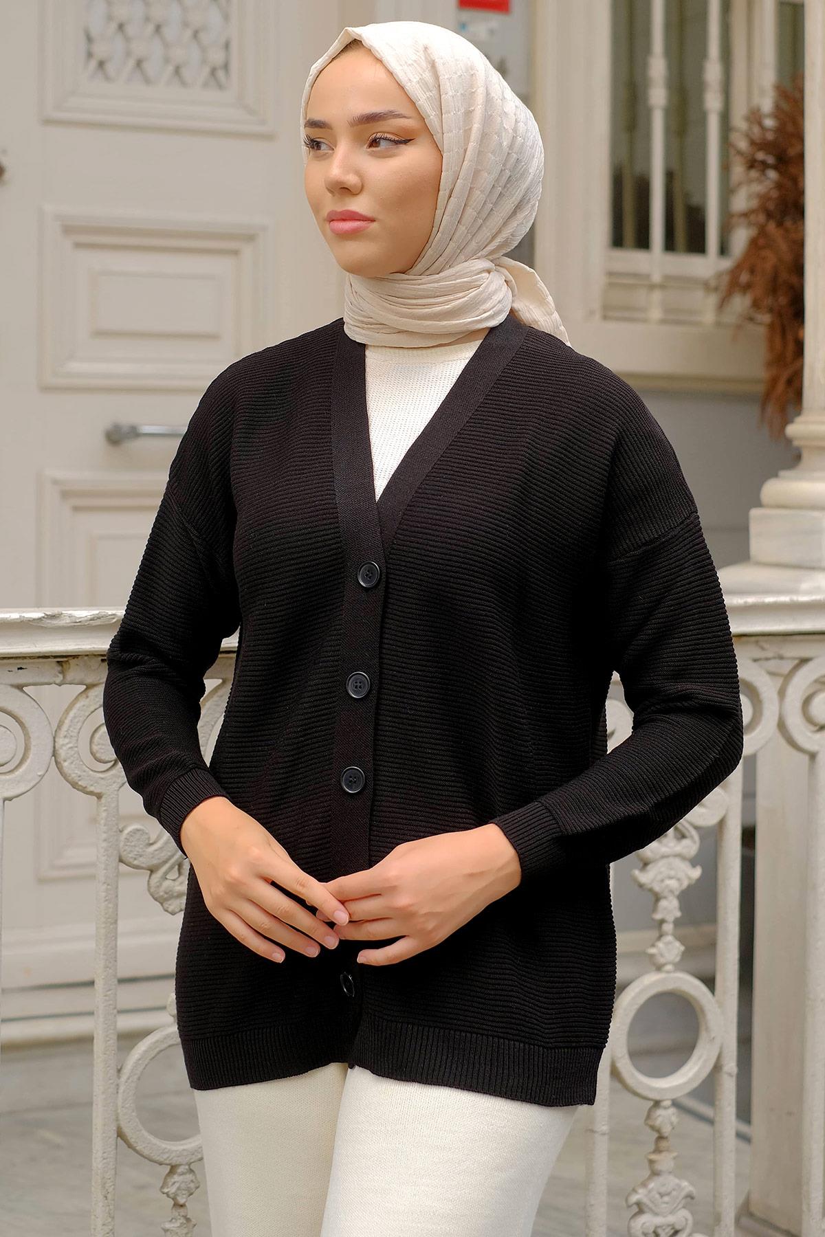 Düğmeli Triko Hırka Siyah HM2229