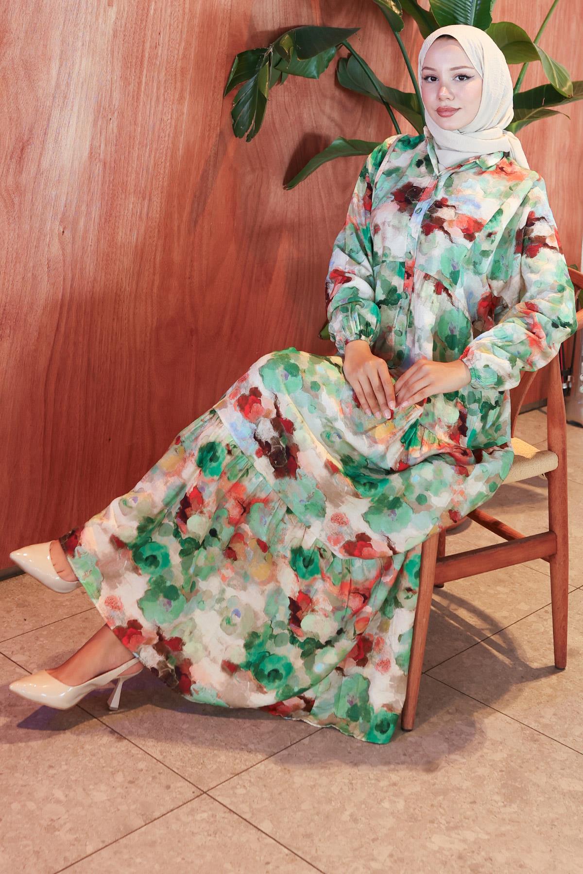 Ebru Desen Modal Elbise Yeşil HM2796