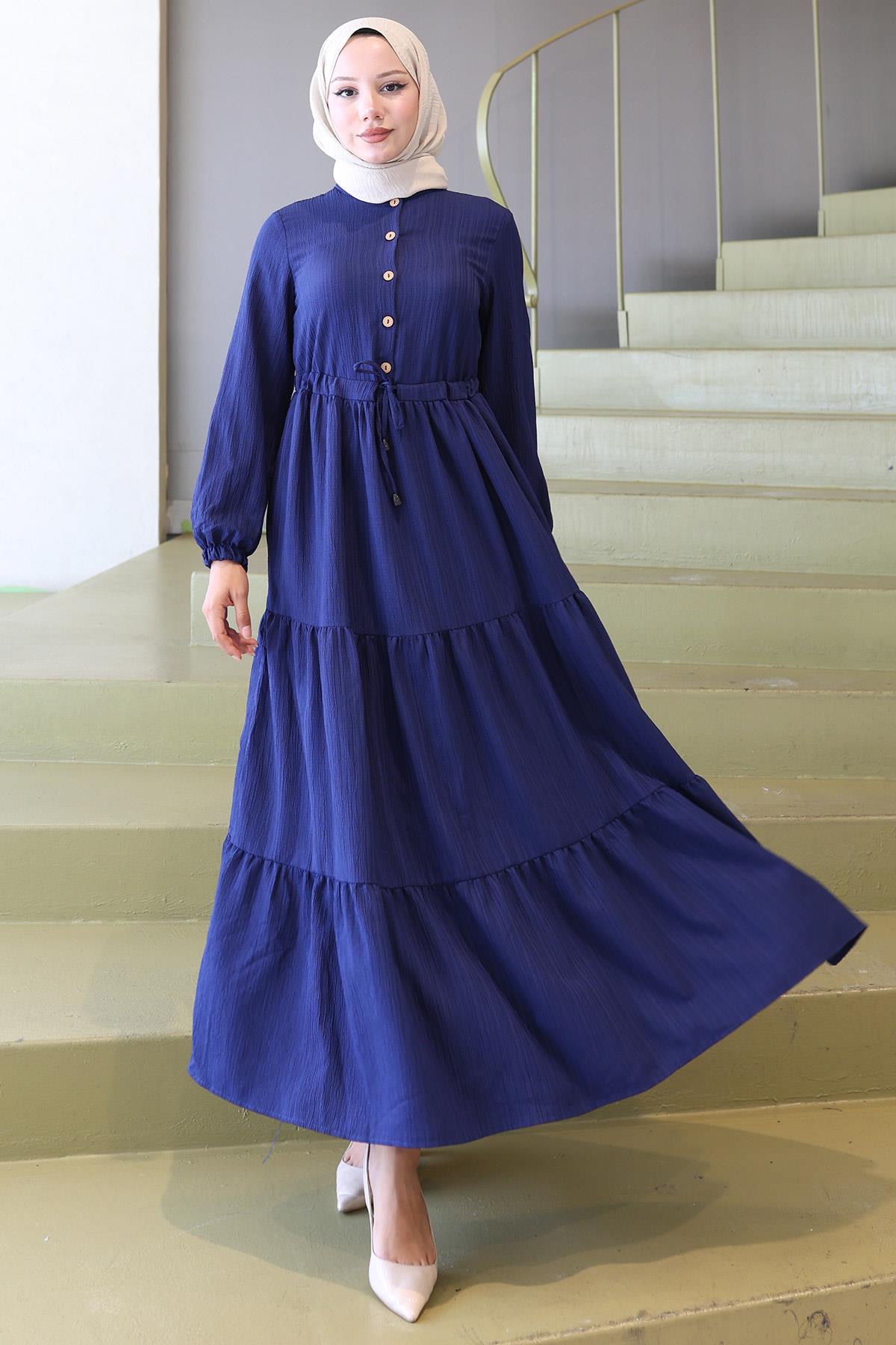 Elisa Büzgülü Düğmeli Elbise Lacivert HM2805