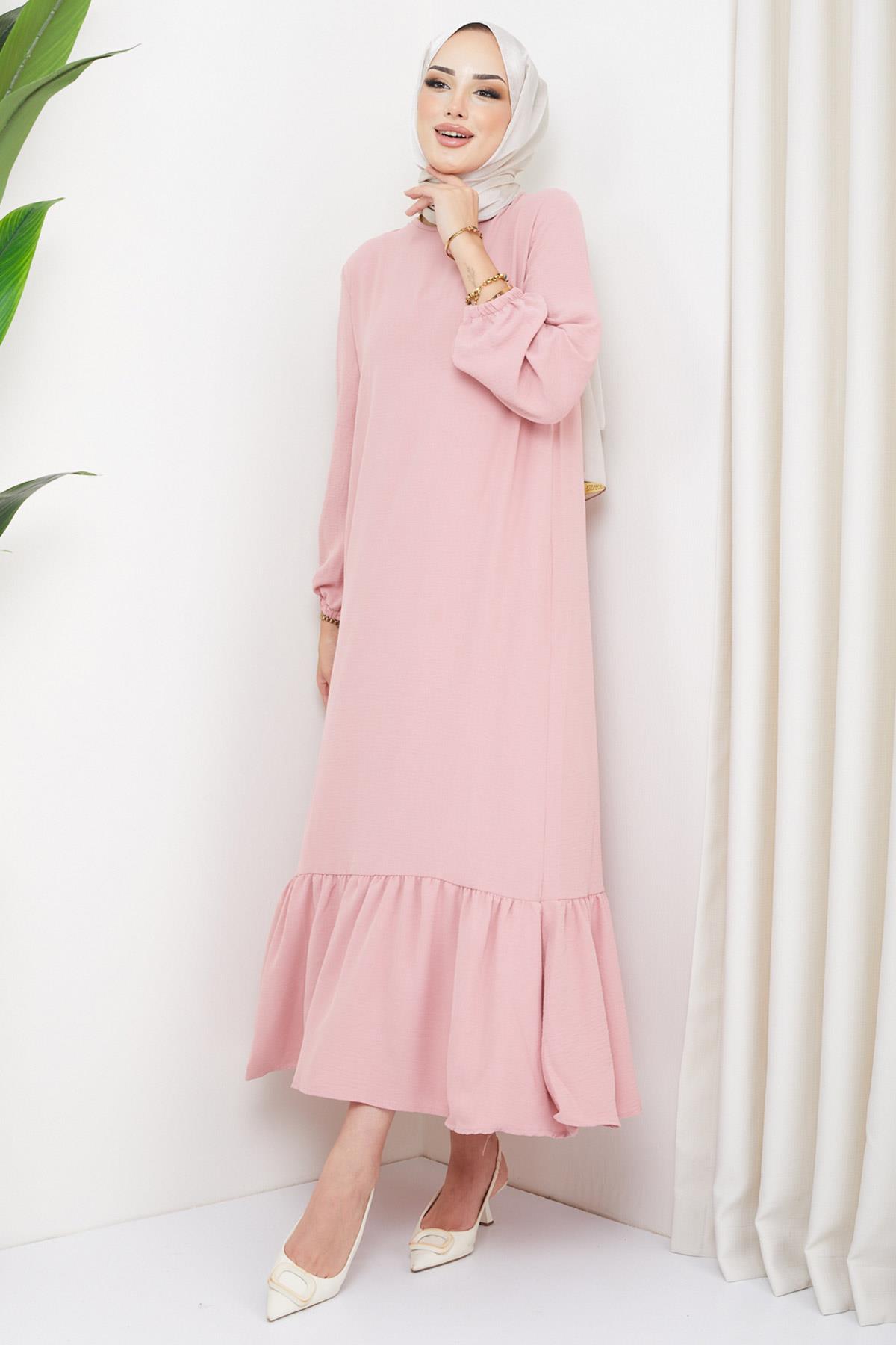 Eteği Büzgülü Aerobin Elbise Pembe HM2219