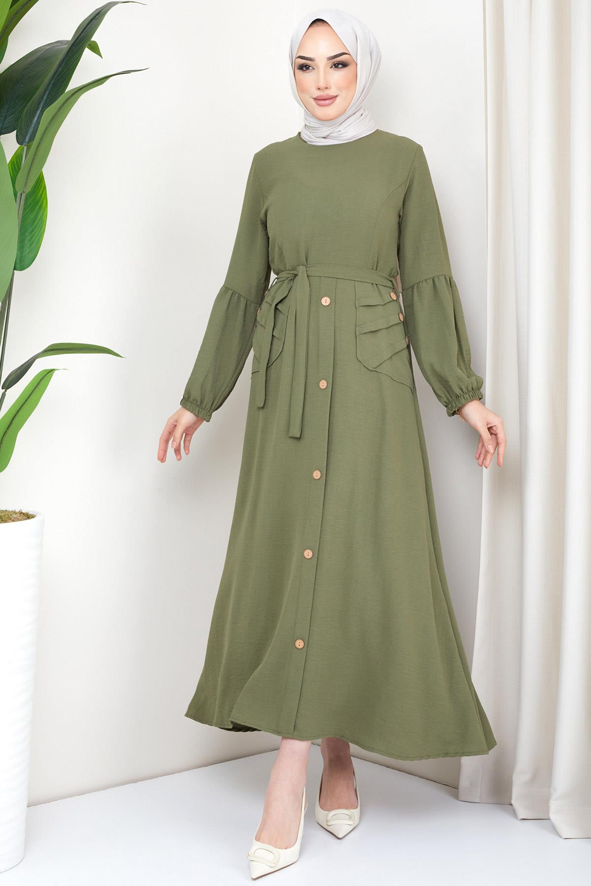 Eteği Düğmeli Ayrobin Elbise Haki