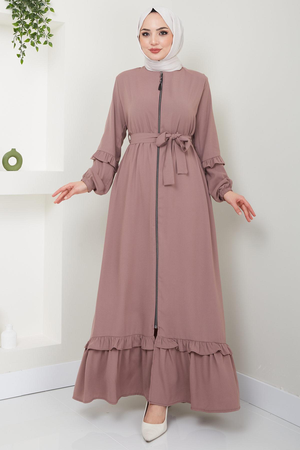 Eteği Volanlı Ferace Pembe HM2424