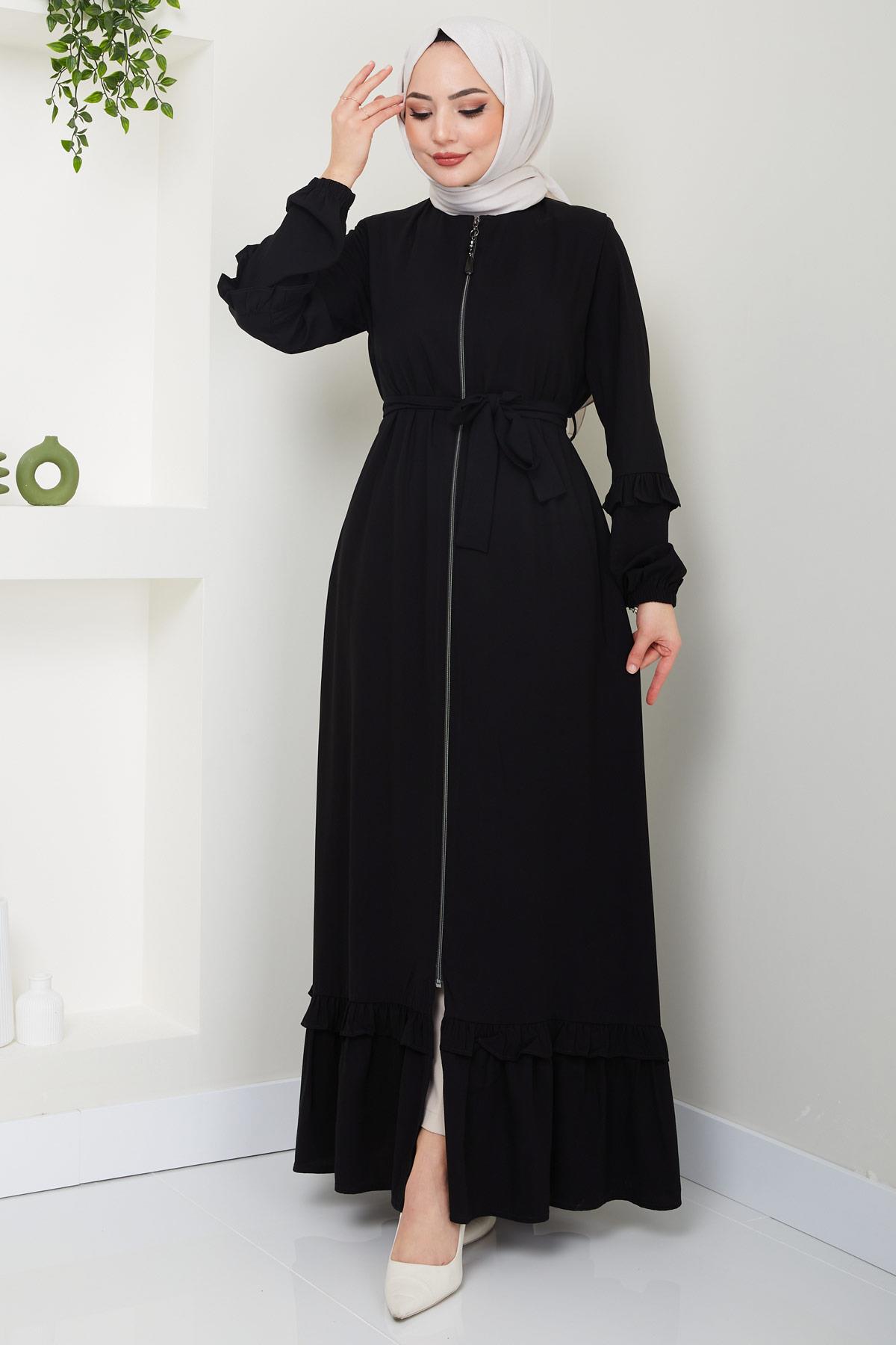 Eteği Volanlı Ferace Siyah HM2424