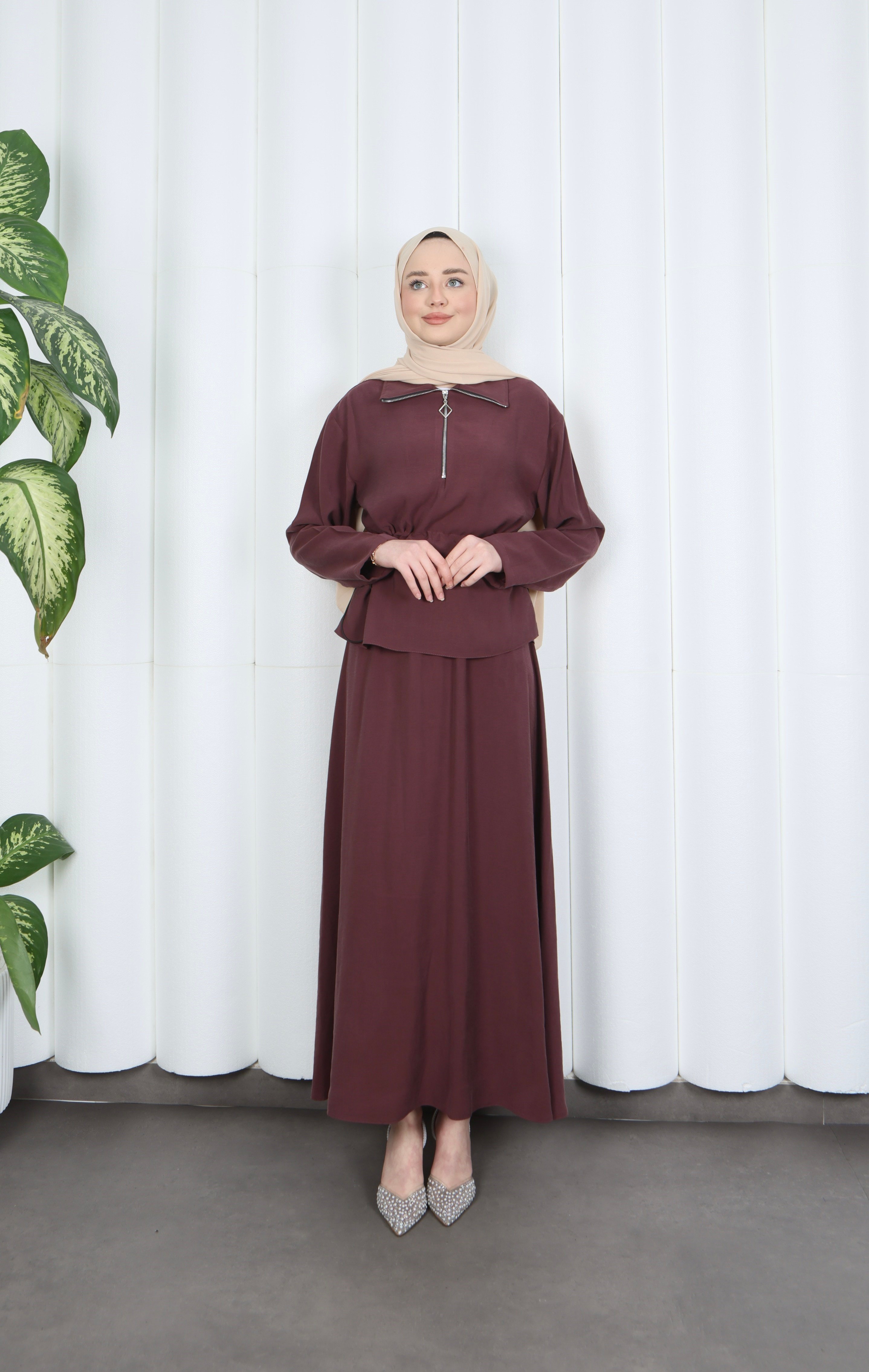 Fermuar Detaylı Beli Ayarlanabilir Tesettür Etekli Takım Bordo  HNT8598
