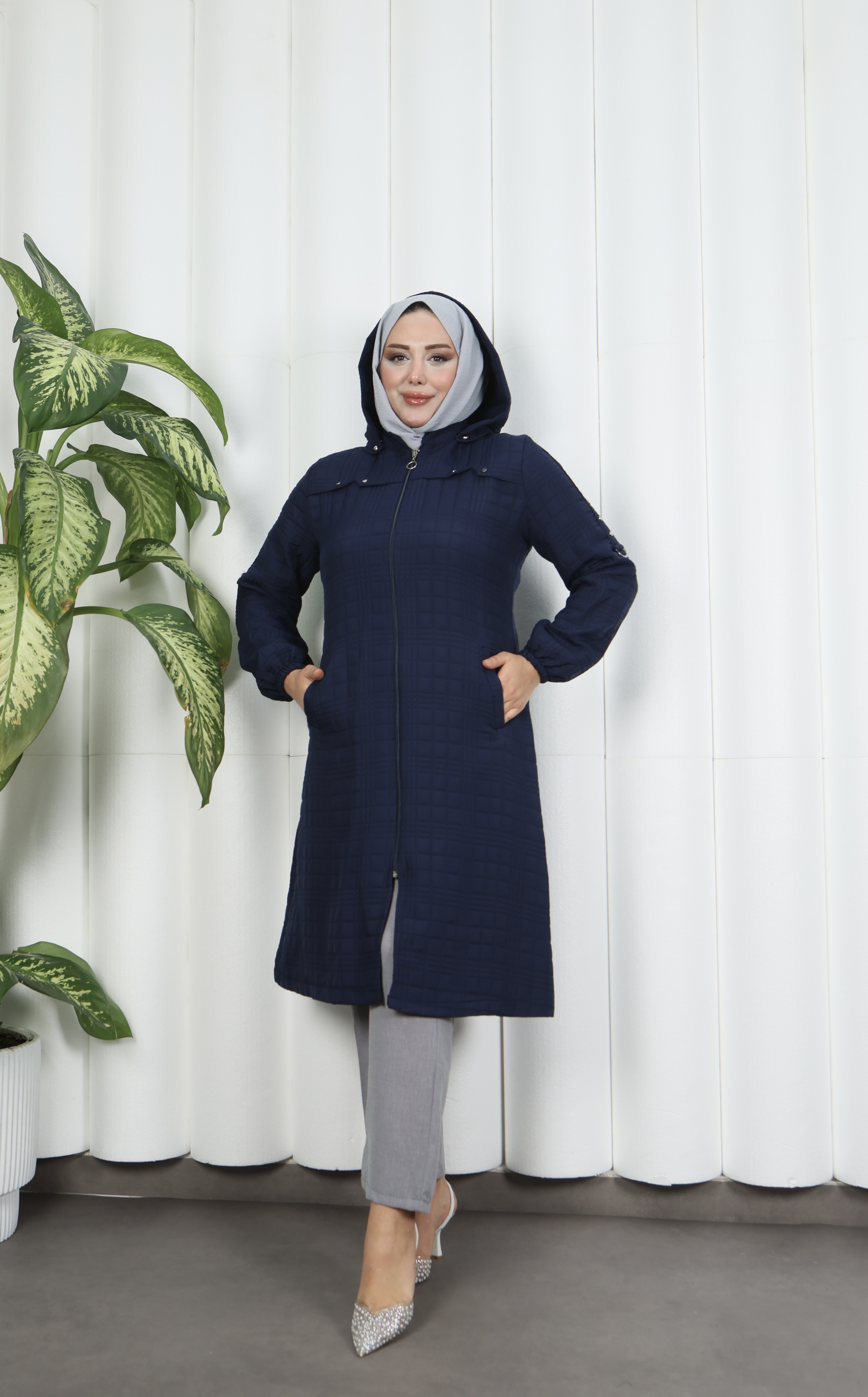 Fermuarlı Kapitone  Uzun Kap LACİVERT HNT8581