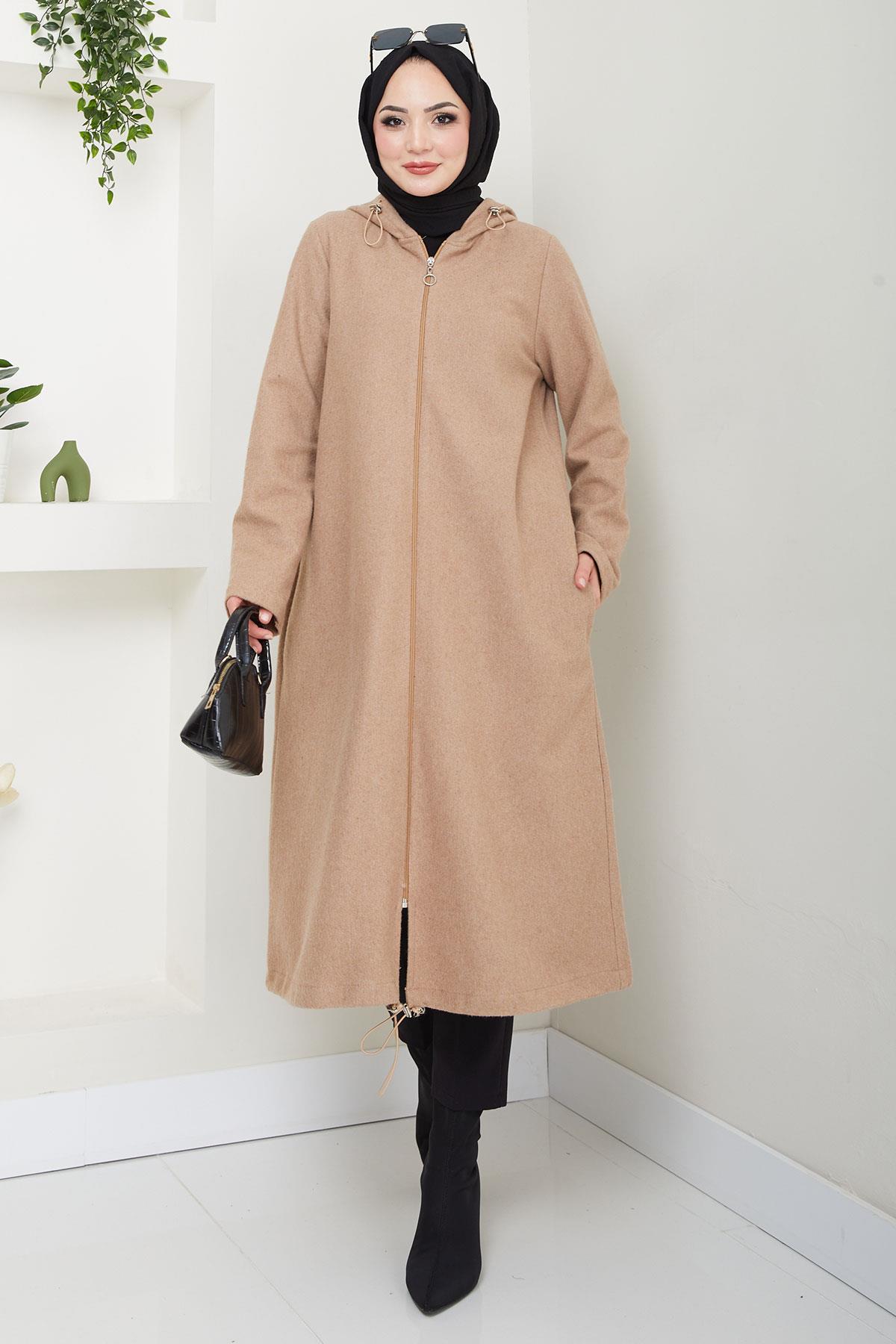Fermuarlı Kapüşonlu Kap Camel HM2636