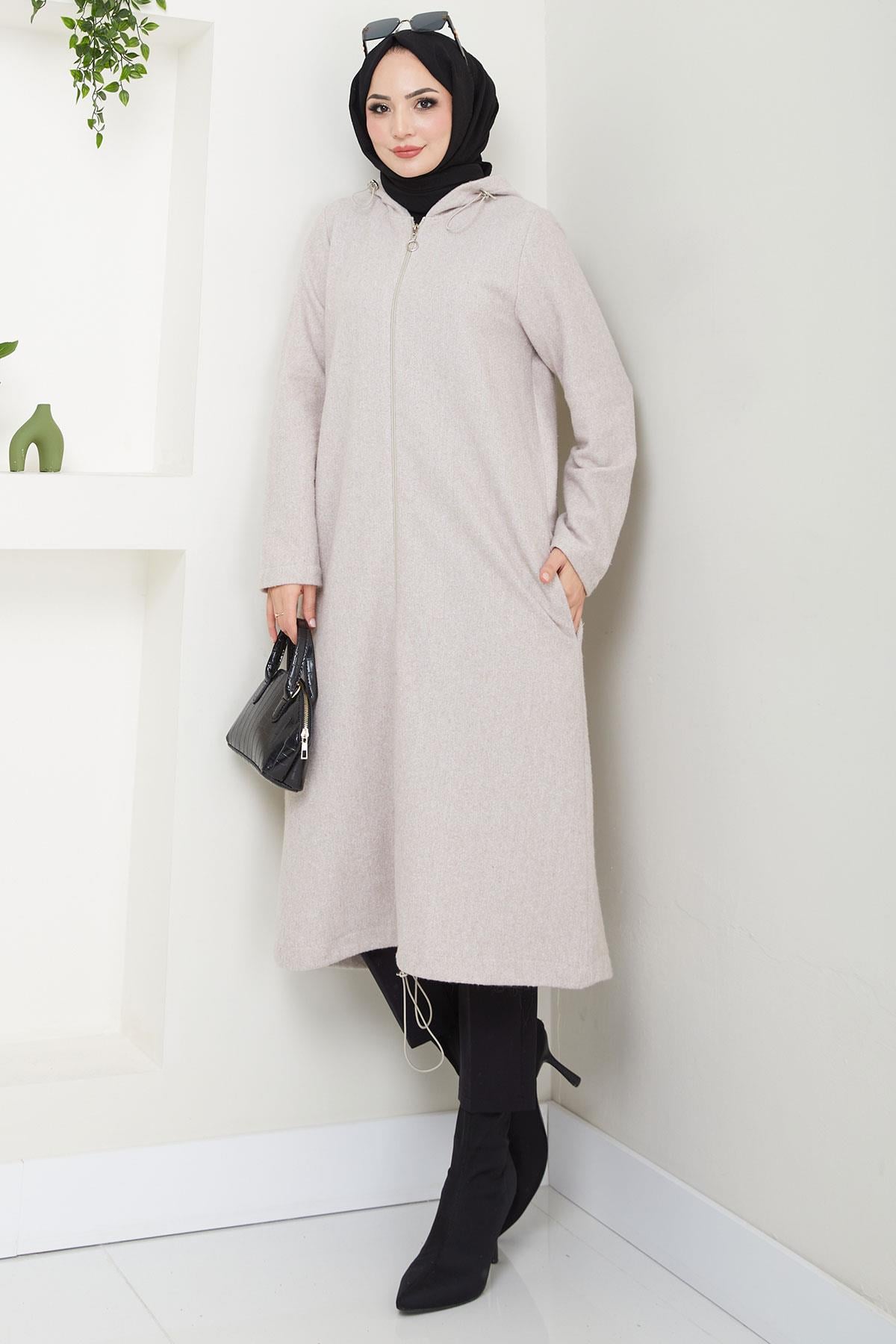 Fermuarlı Kapüşonlu Kap Krem HM2636