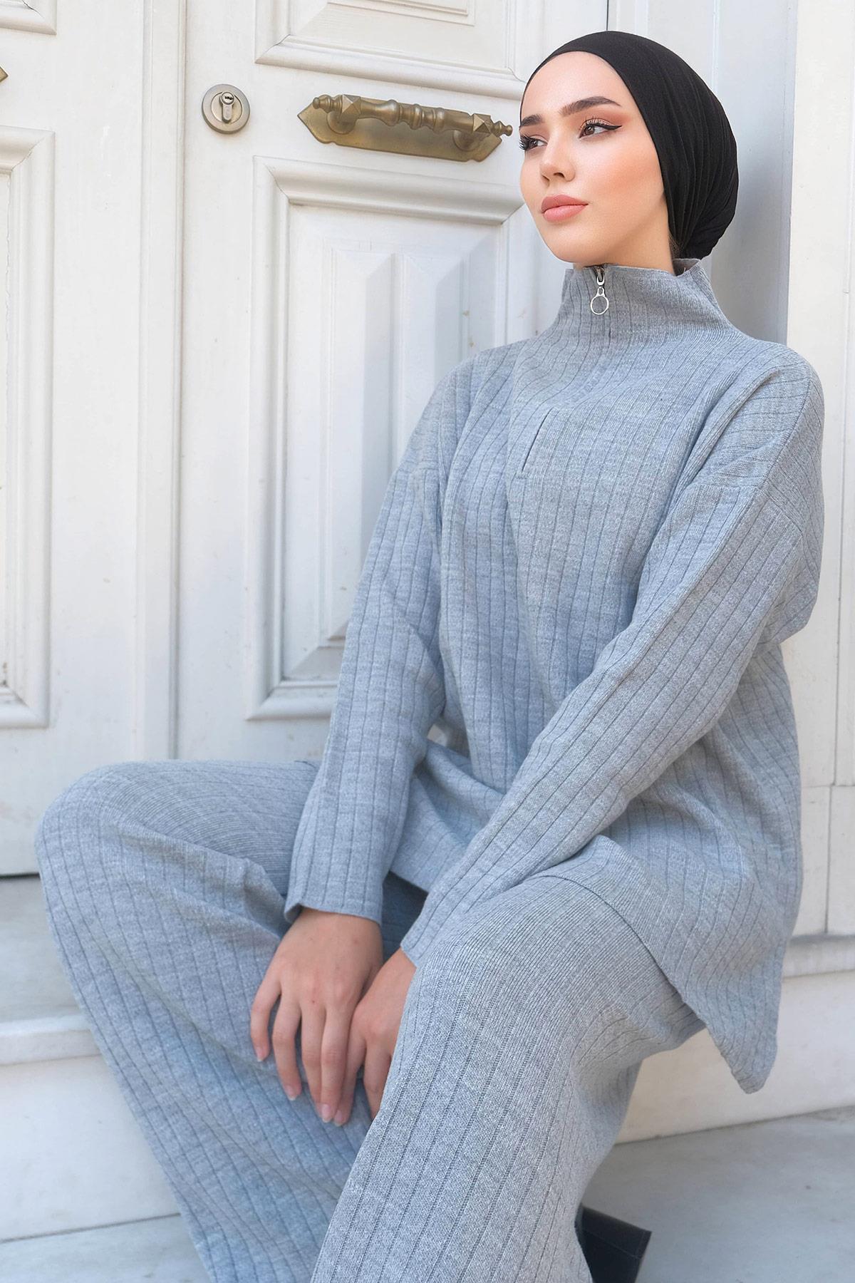 Fermuarlı Triko Takım Gri HM2237