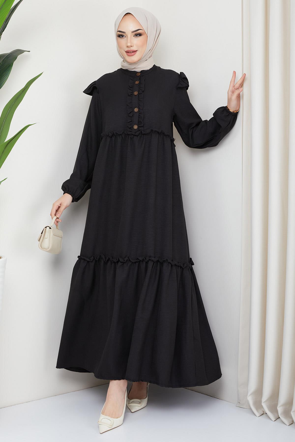 Fırfırlı Tesettür Elbise Siyah