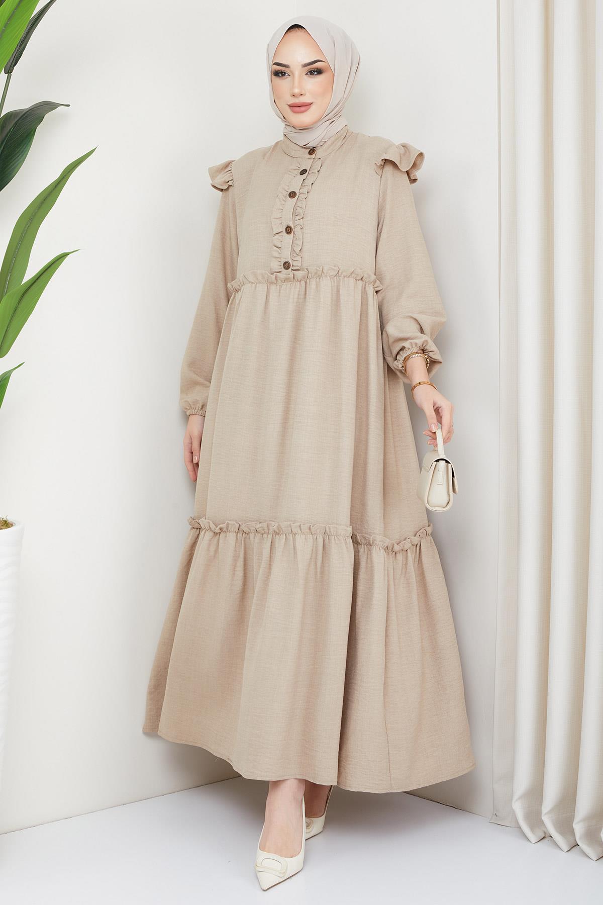 Fırfırlı Tesettür Elbise Vizon