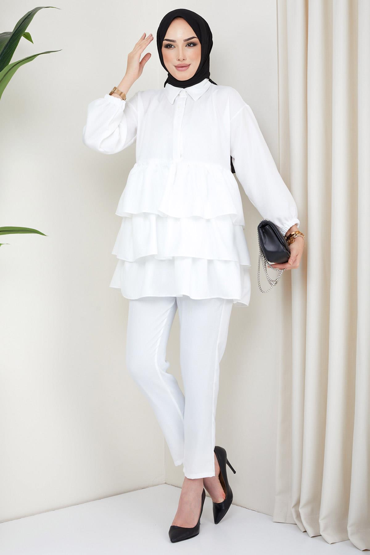 Fırfırlı Tunik Pantolon İkili Takım Beyaz