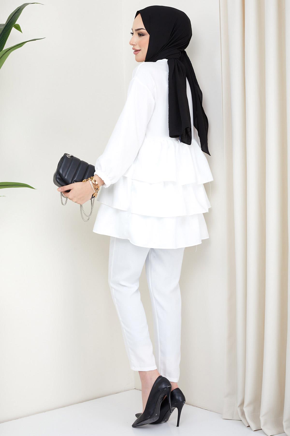 Fırfırlı Tunik Pantolon İkili Takım Beyaz