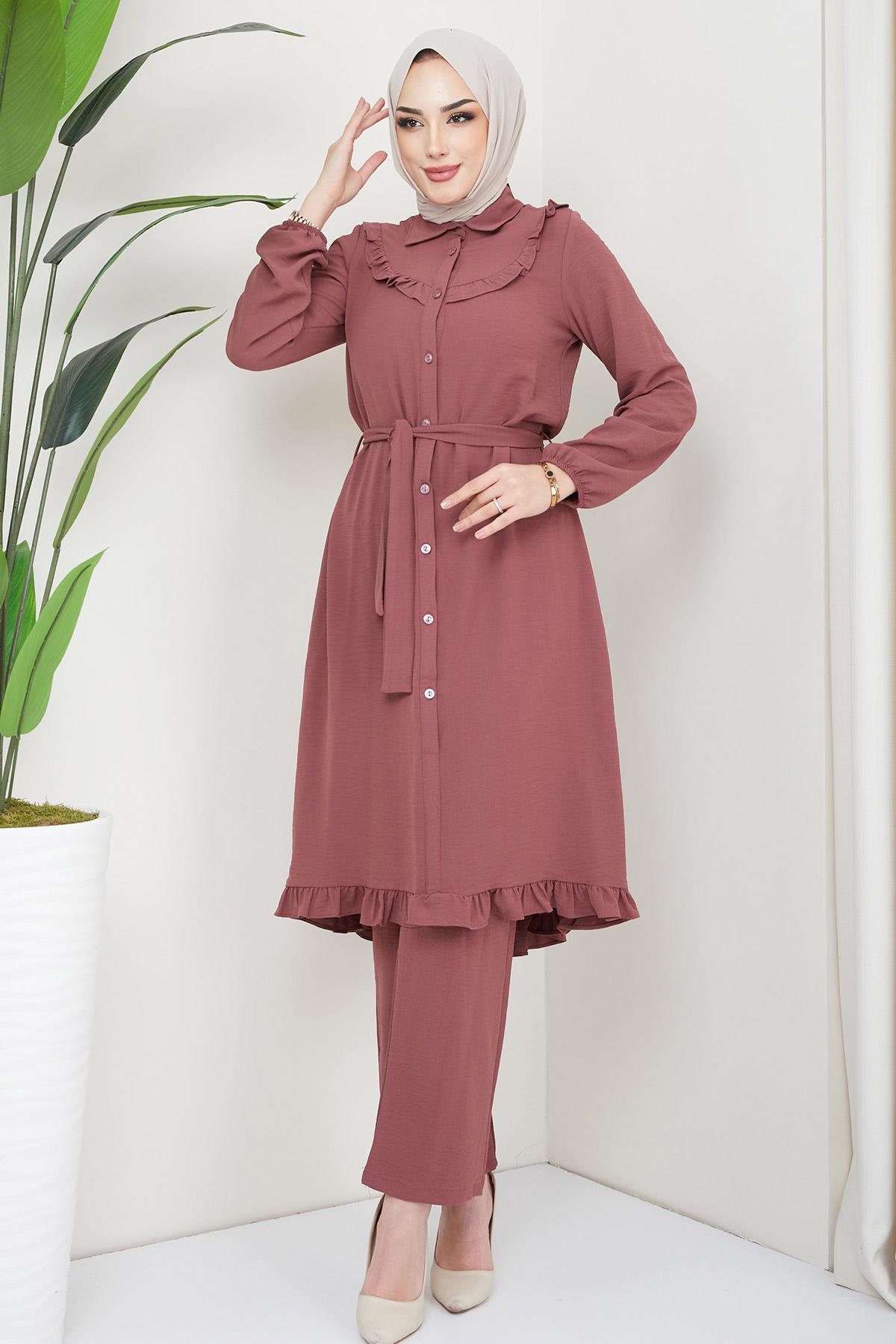 Fırfırlı Tunik Pantolon İkili Takım Gül Kurusu HM2262