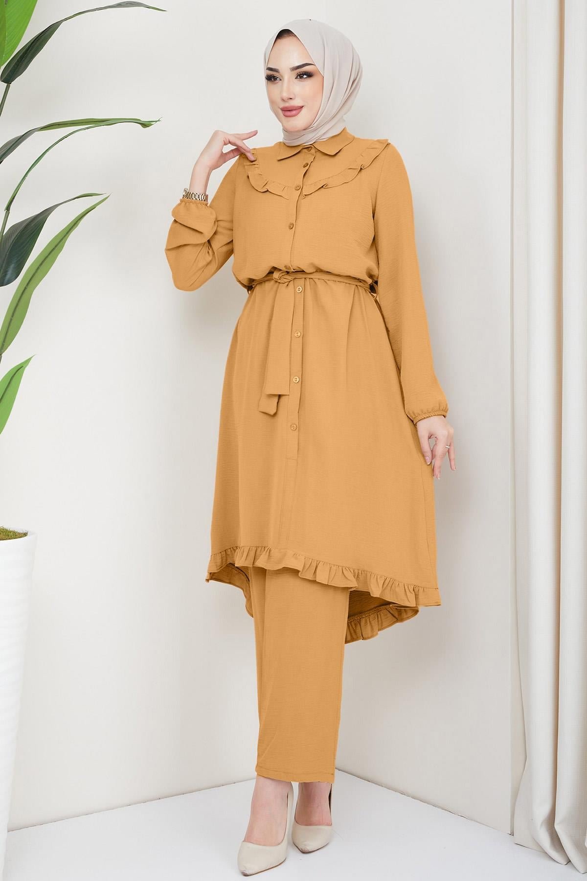 Fırfırlı Tunik Pantolon İkili Takım Hardal HM2262