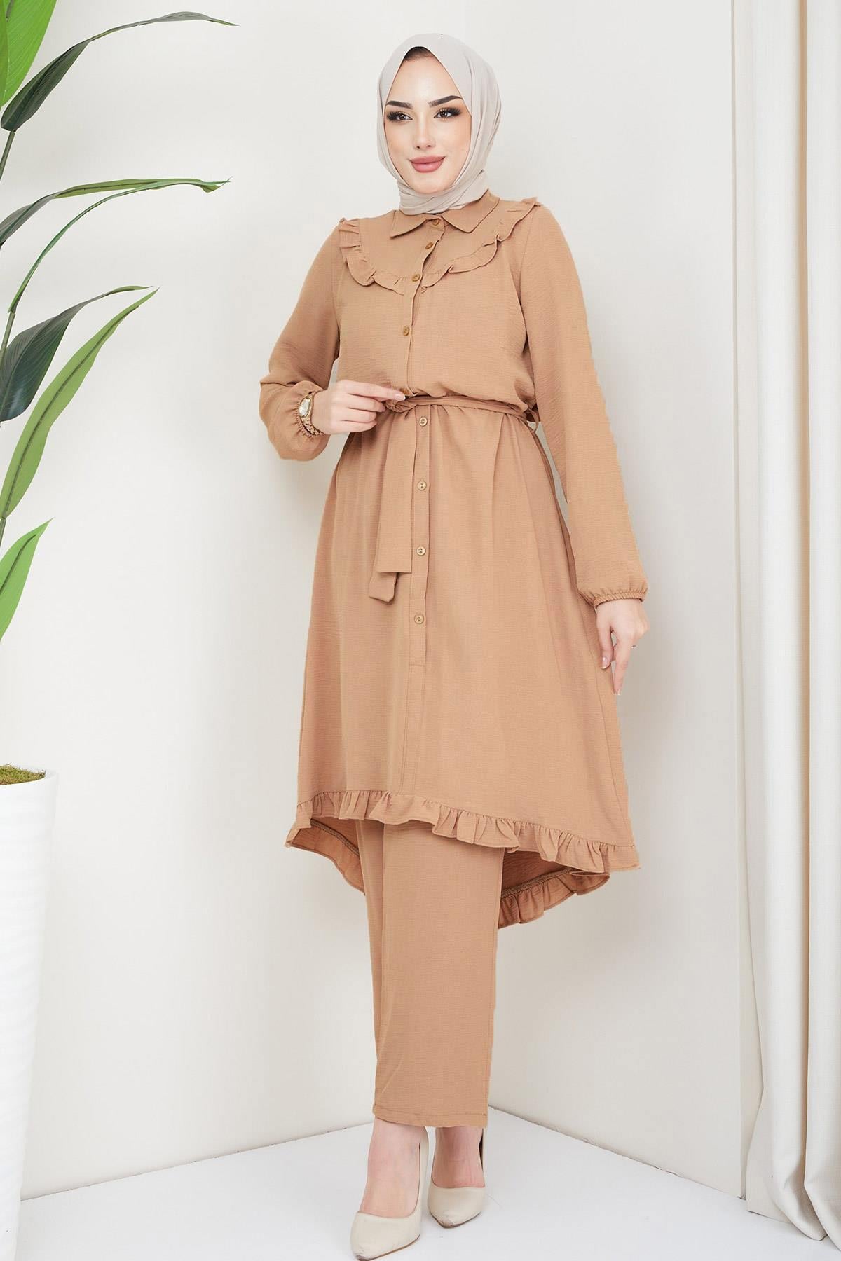 Fırfırlı Tunik Pantolon İkili Takım Taba HM2262