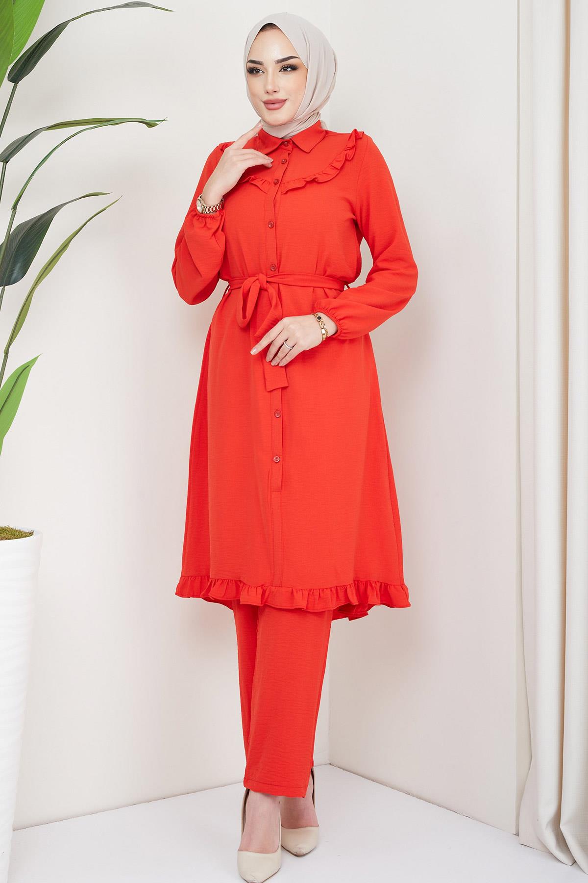 Fırfırlı Tunik Pantolon İkili Takım Turuncu HM2262