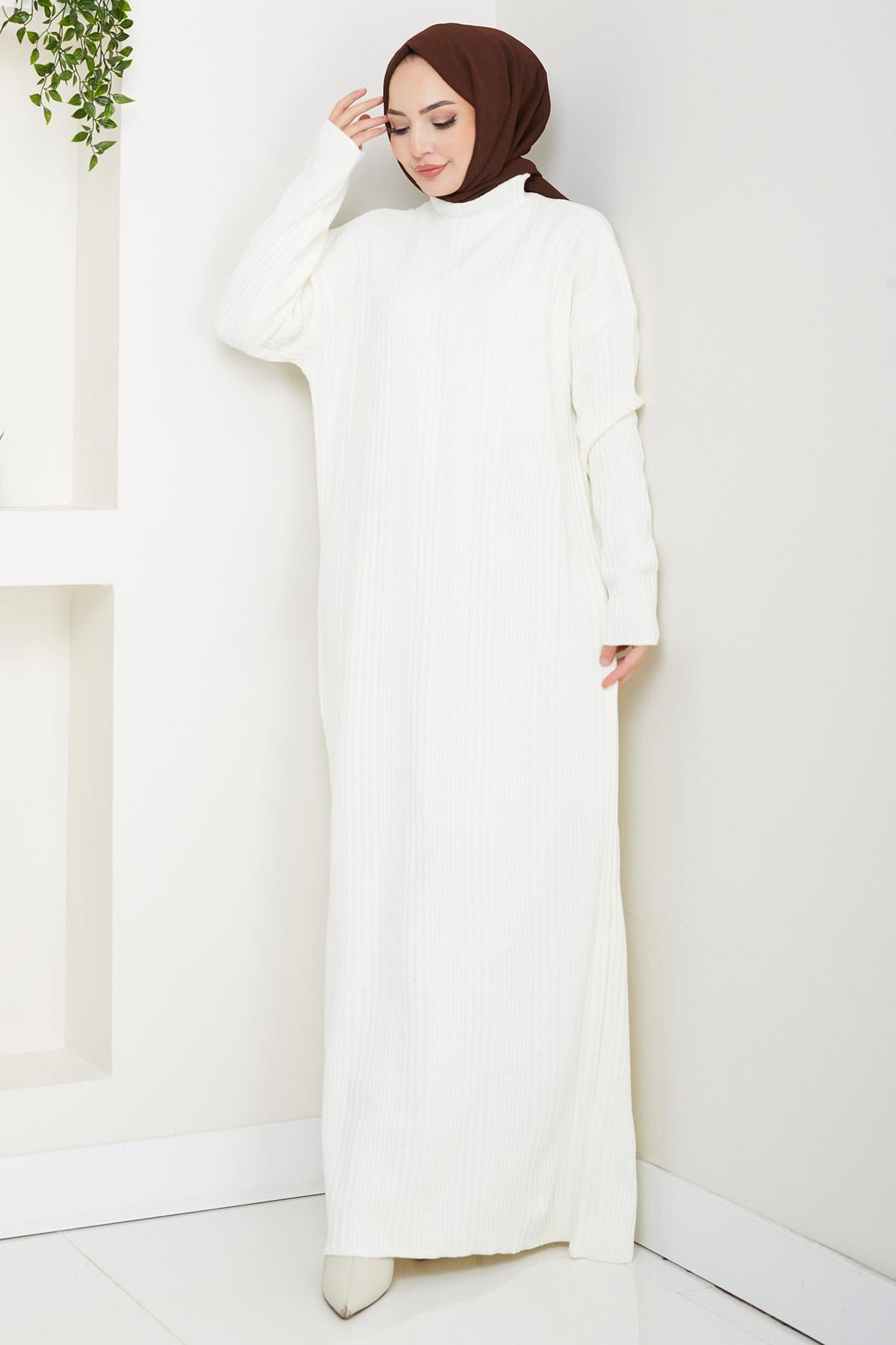 Fitilli Triko Elbise Beyaz HM2247