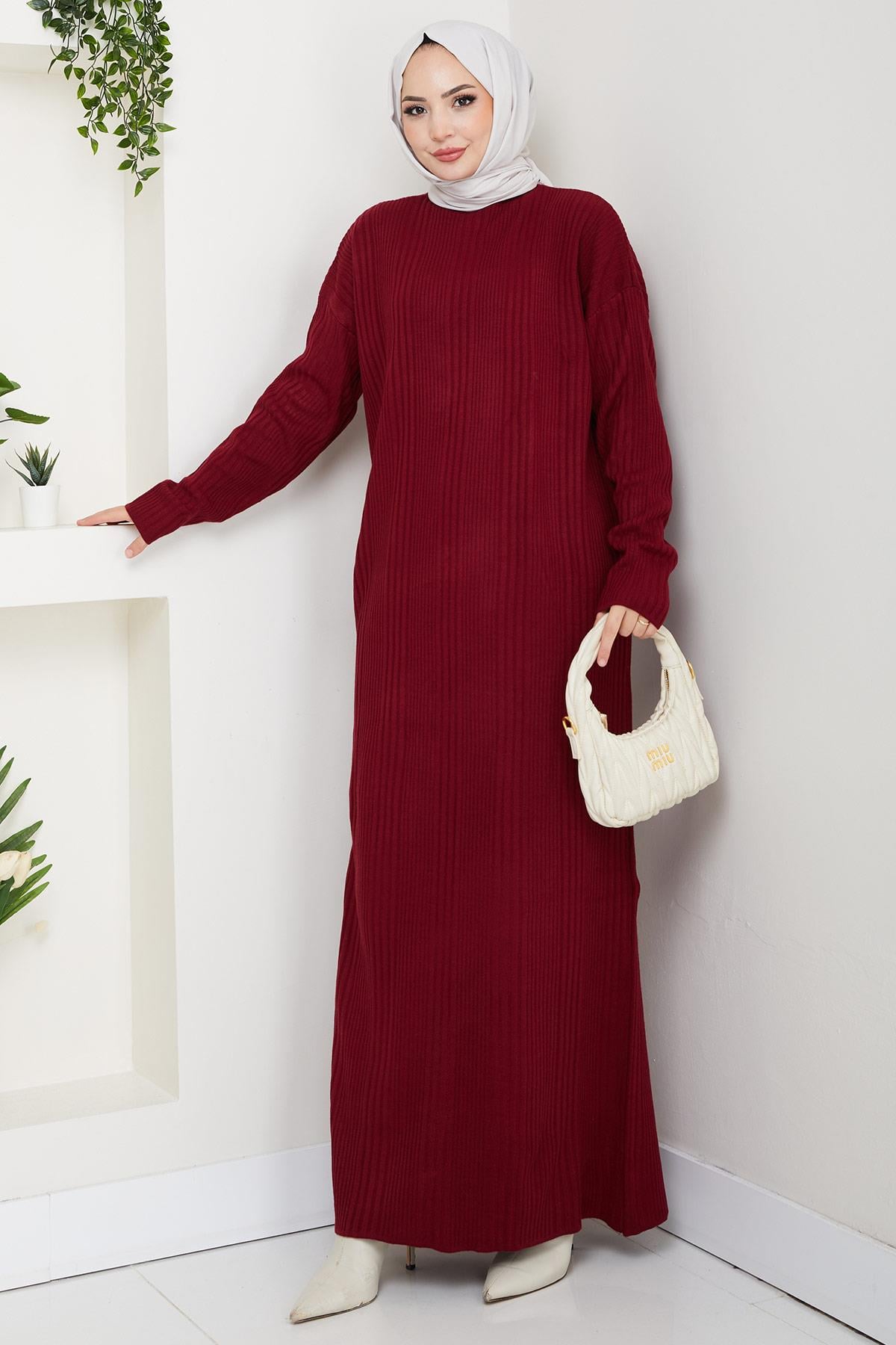 Fitilli Triko Elbise Bordo HM2247