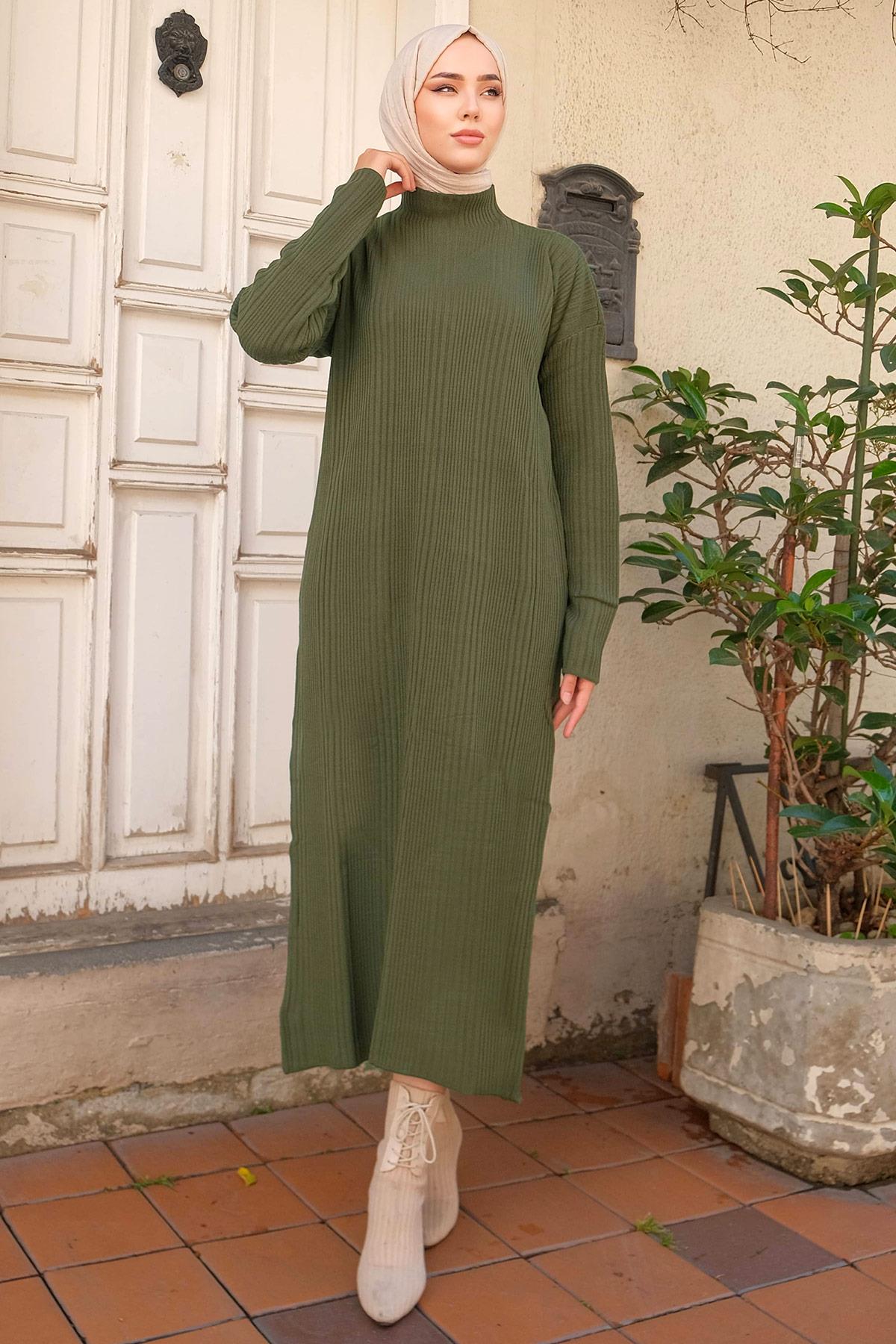 Fitilli Triko Elbise Haki HM2247
