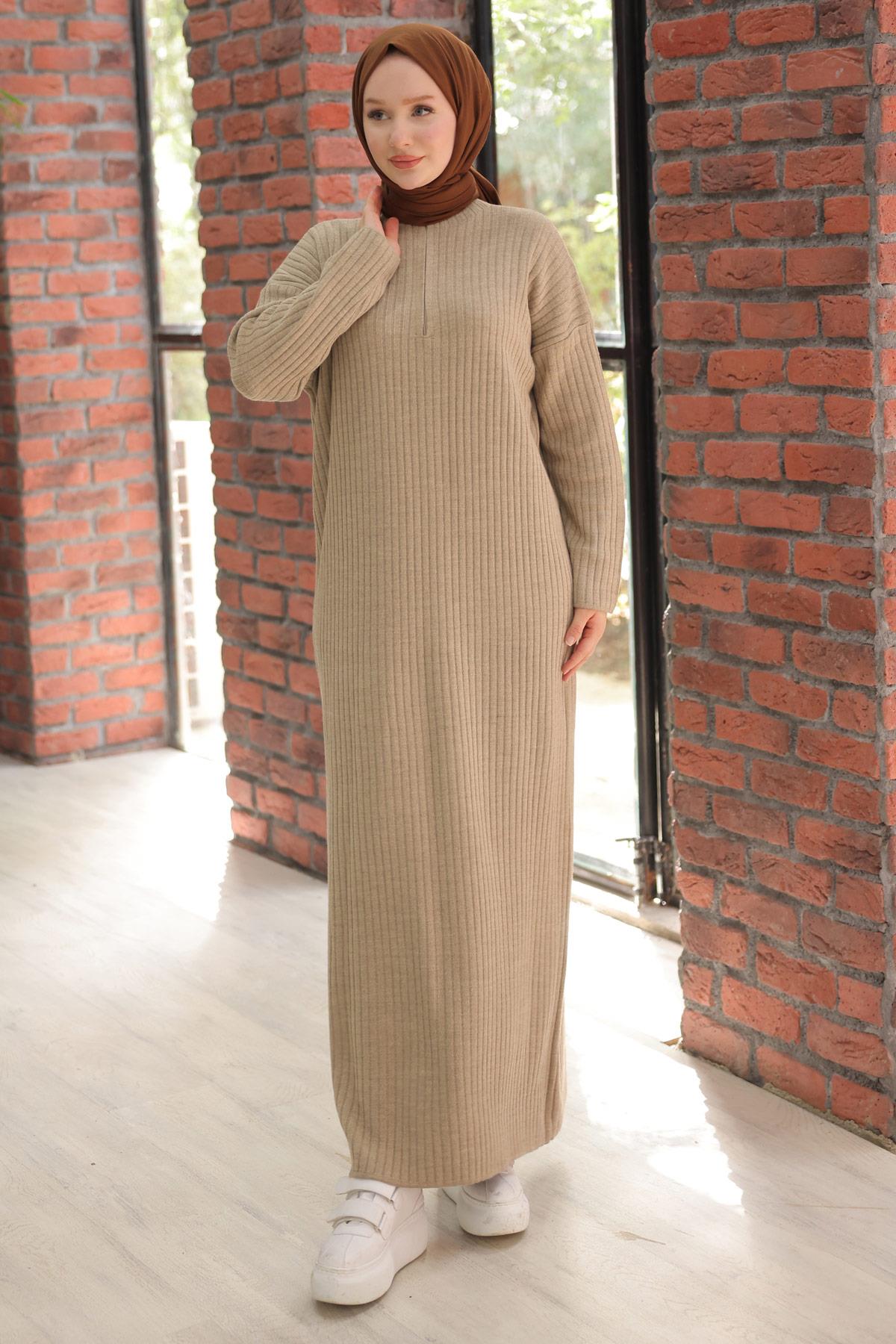 Fitilli Yarım Fermuarlı Triko Elbise Vizon HM2520