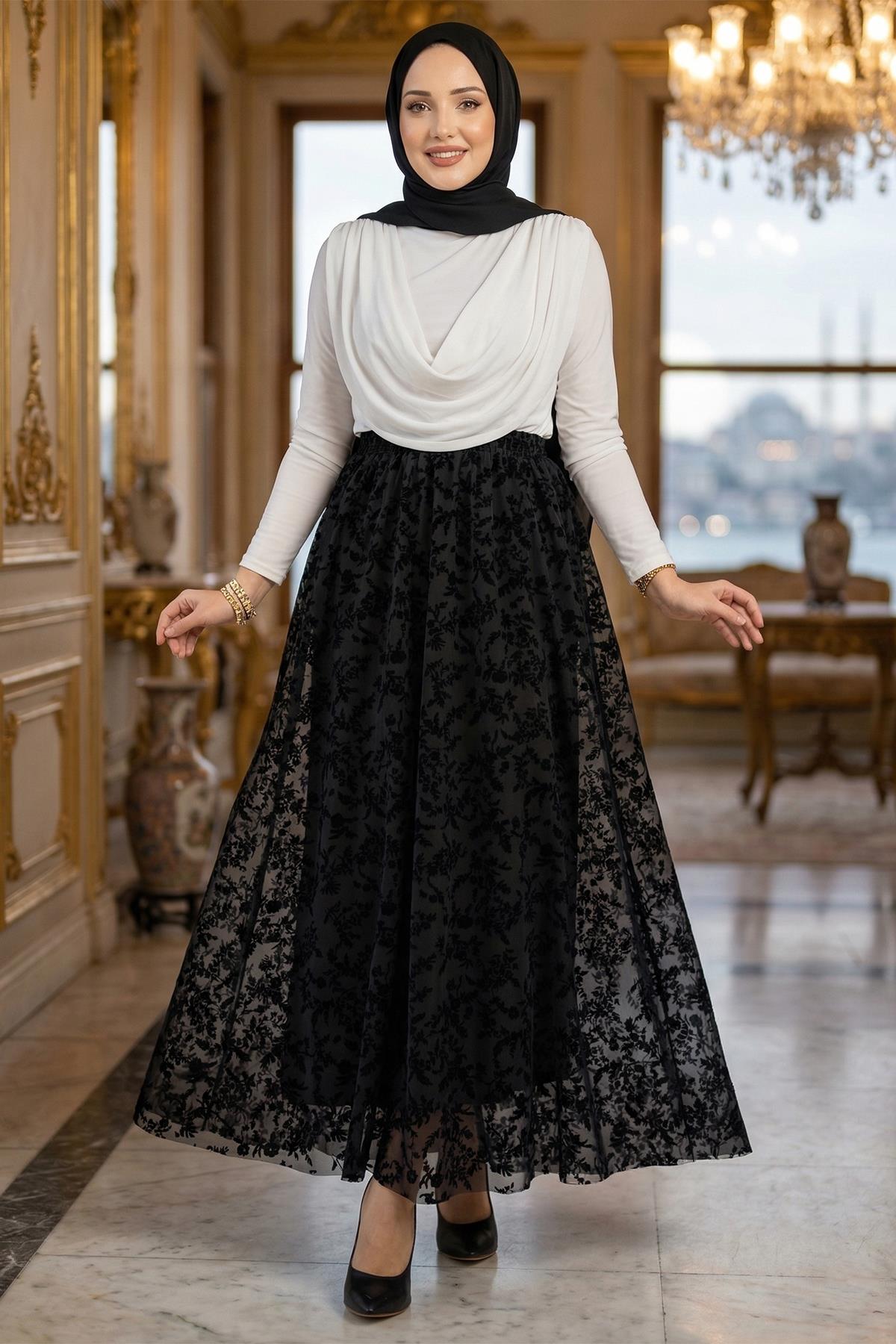 Flok Baskılı Astarlı Çiçek Desenli Tül Etek Siyah HM2902