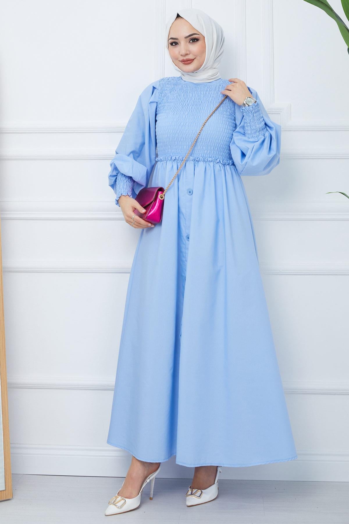 Gipe Detaylı Süs Düğmeli Mevlana Elbise Bebe Mavisi HM2356