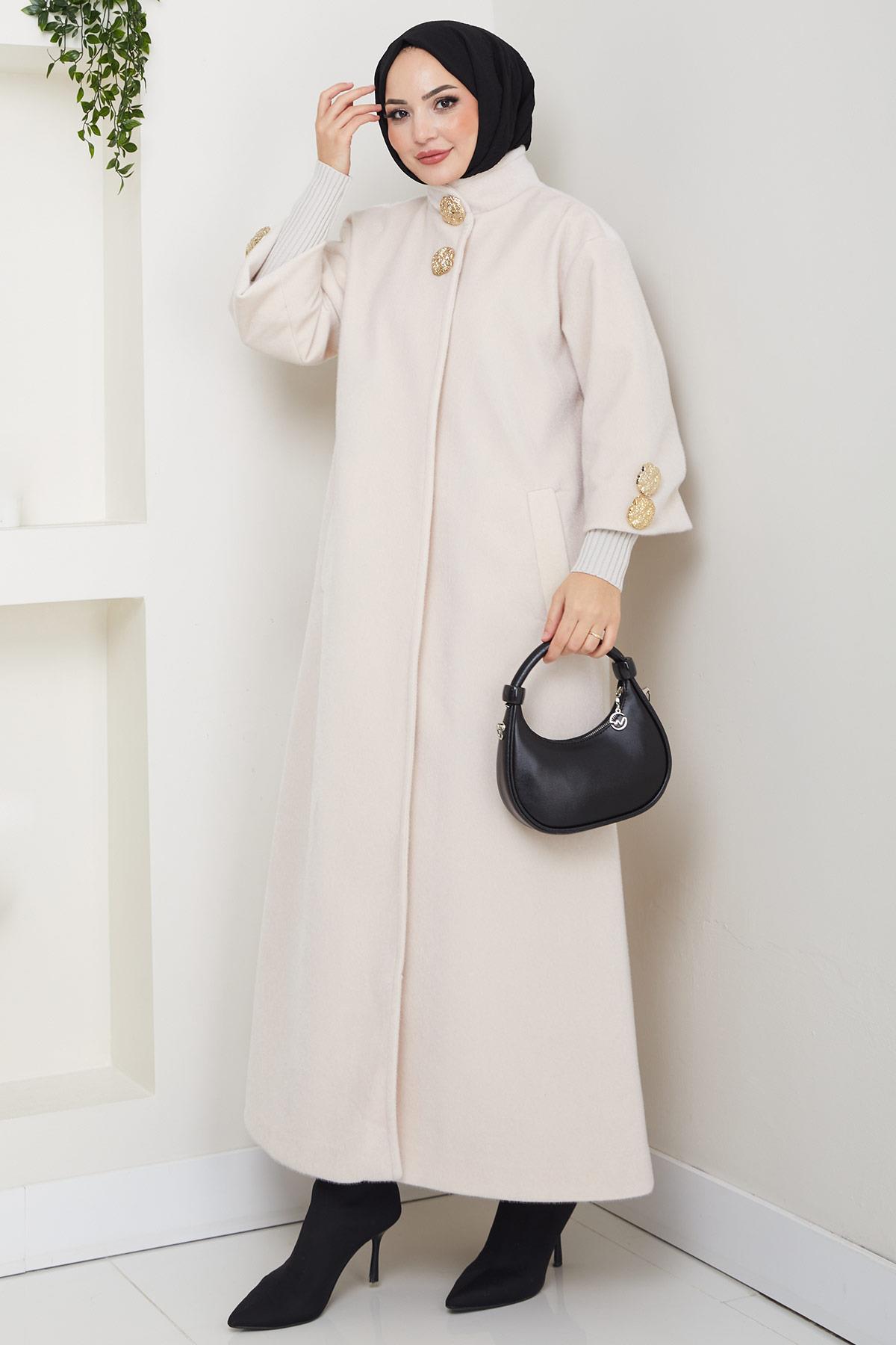 Gold Düğmeli Tam Boy Kaban Krem HM2864