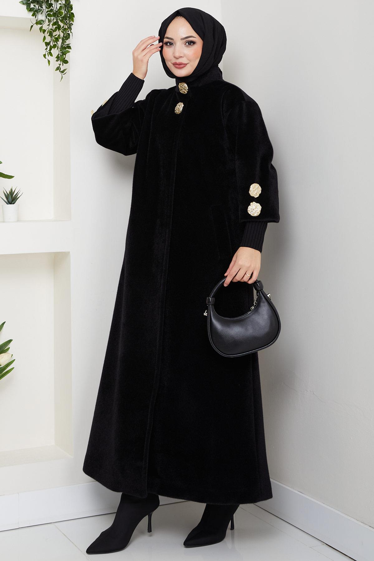 Gold Düğmeli Tam Boy Kaban Siyah HM2864