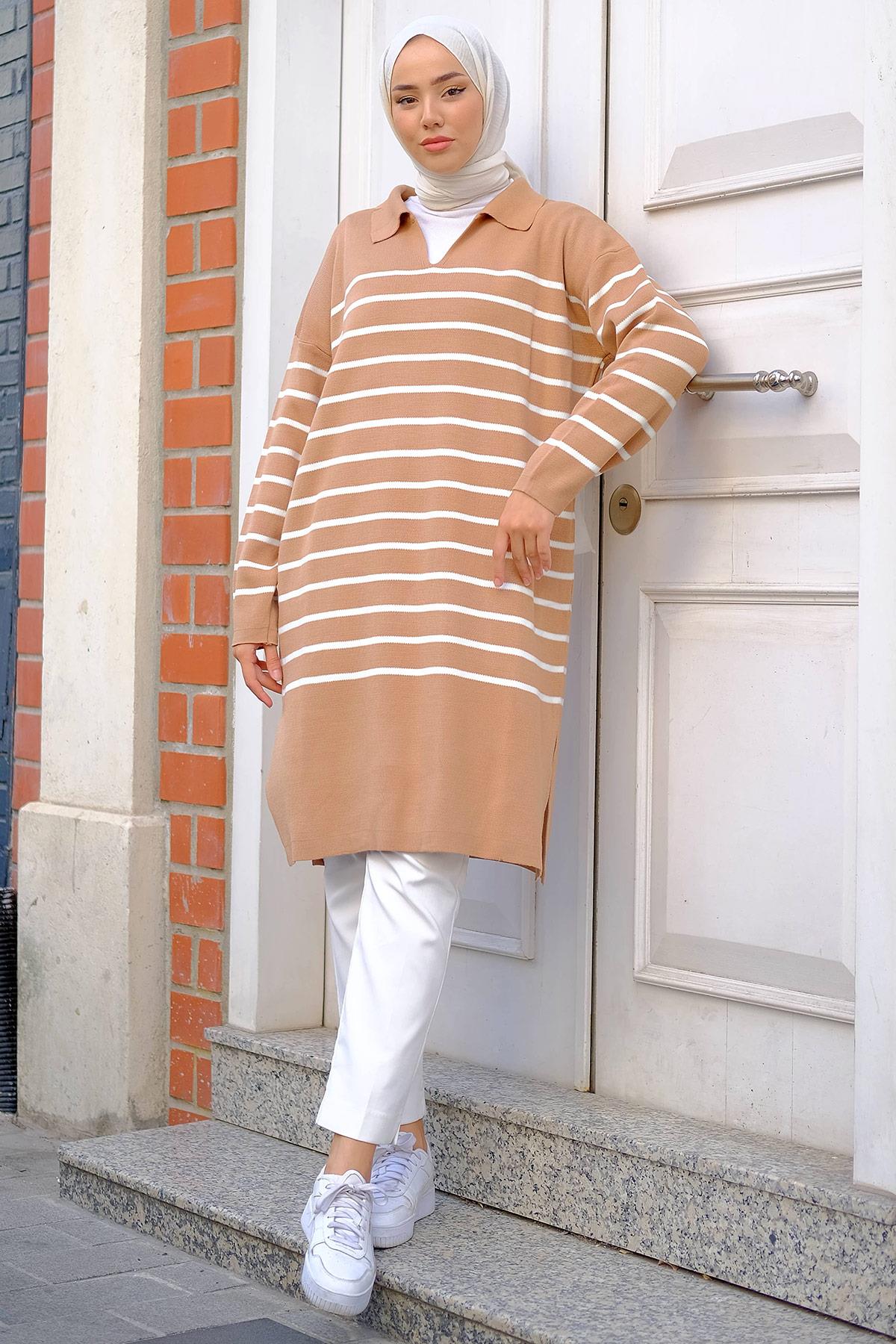 Gömlek Yaka Yırtmaçlı Triko Tunik Camel HM2246