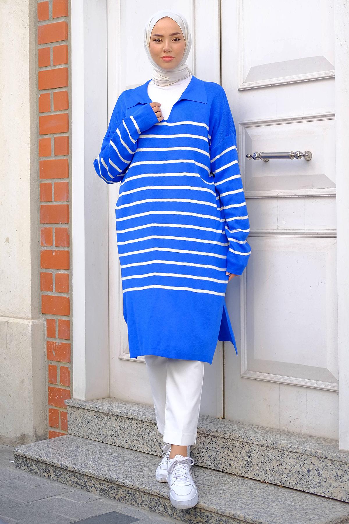 Gömlek Yaka Yırtmaçlı Triko Tunik Mavi HM2246