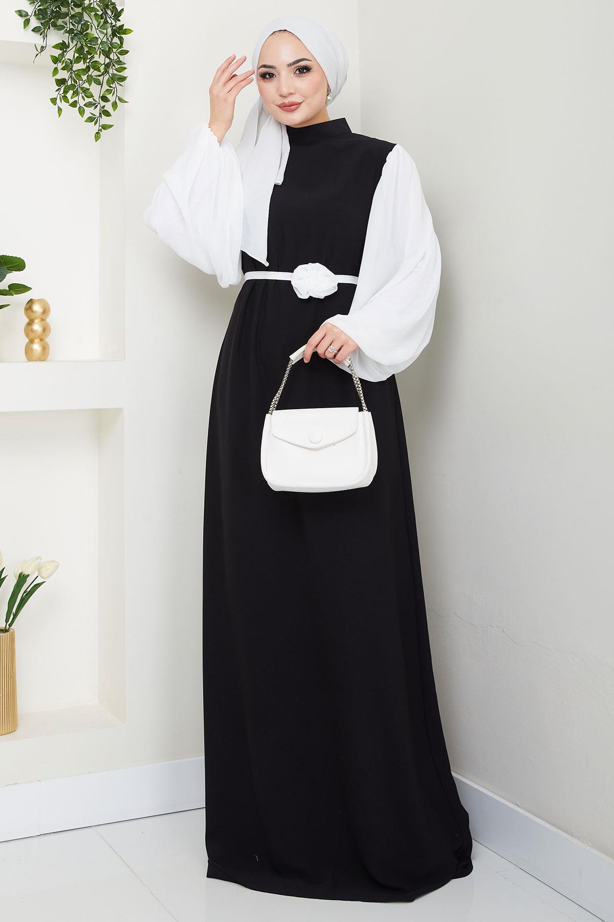 Gül Kemerli Kolları Şifon Abiye Elbise Siyah HM2666