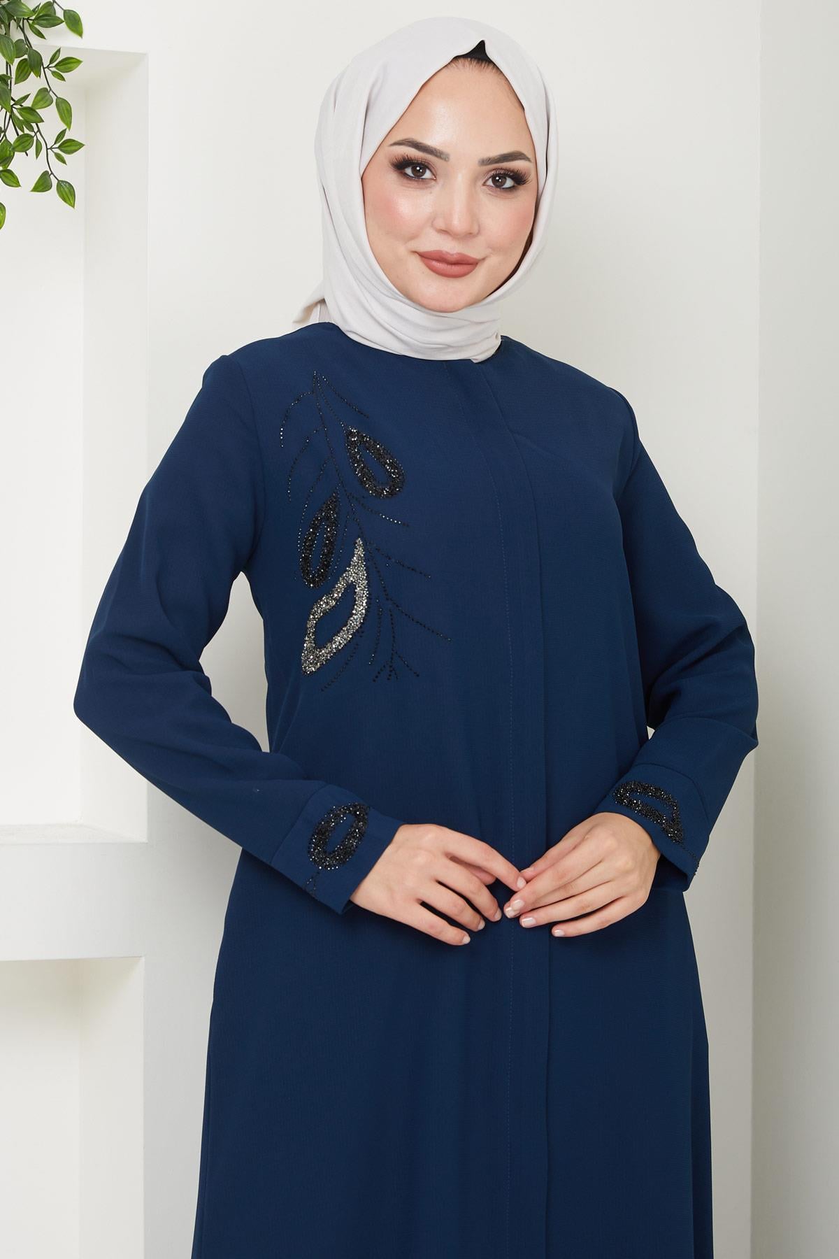 Hüma Taş Detaylı Ferace Lacivert HM2479