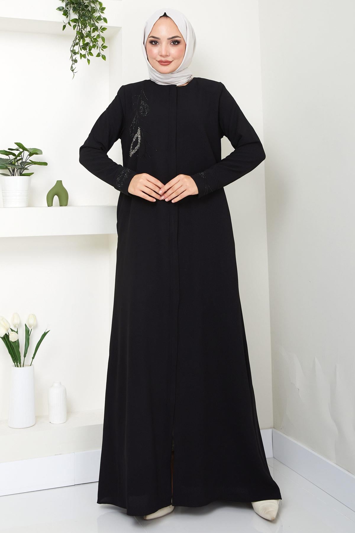 Hüma Taş Detaylı Ferace Siyah HM2479