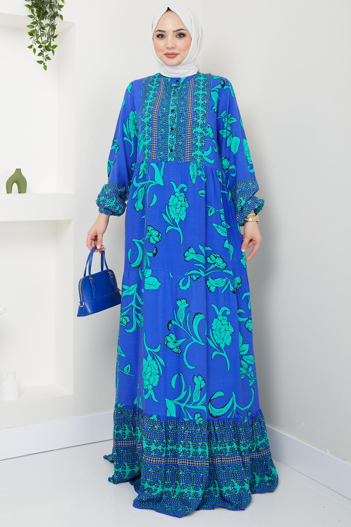 İdil Desenli Viskon Elbise Mavi HM2441