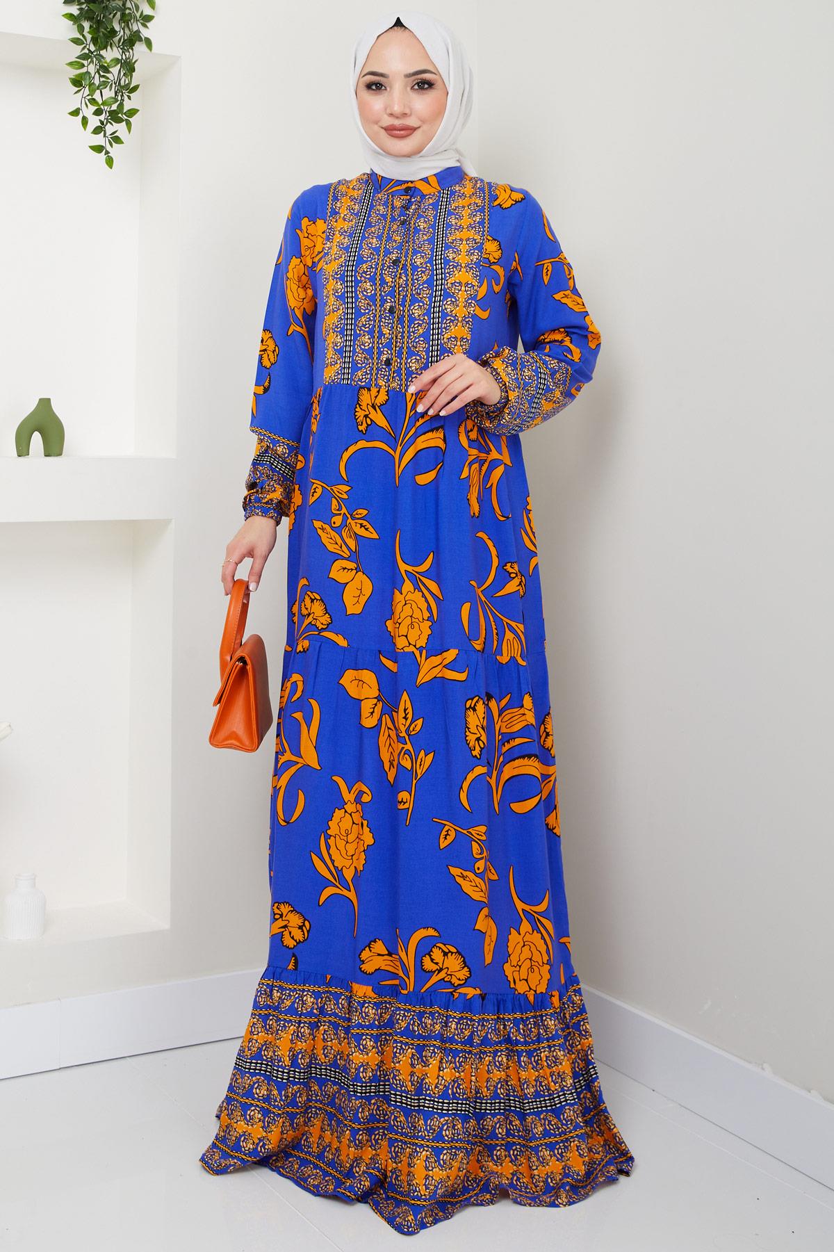 İdil Desenli Viskon Elbise Saks HM2441