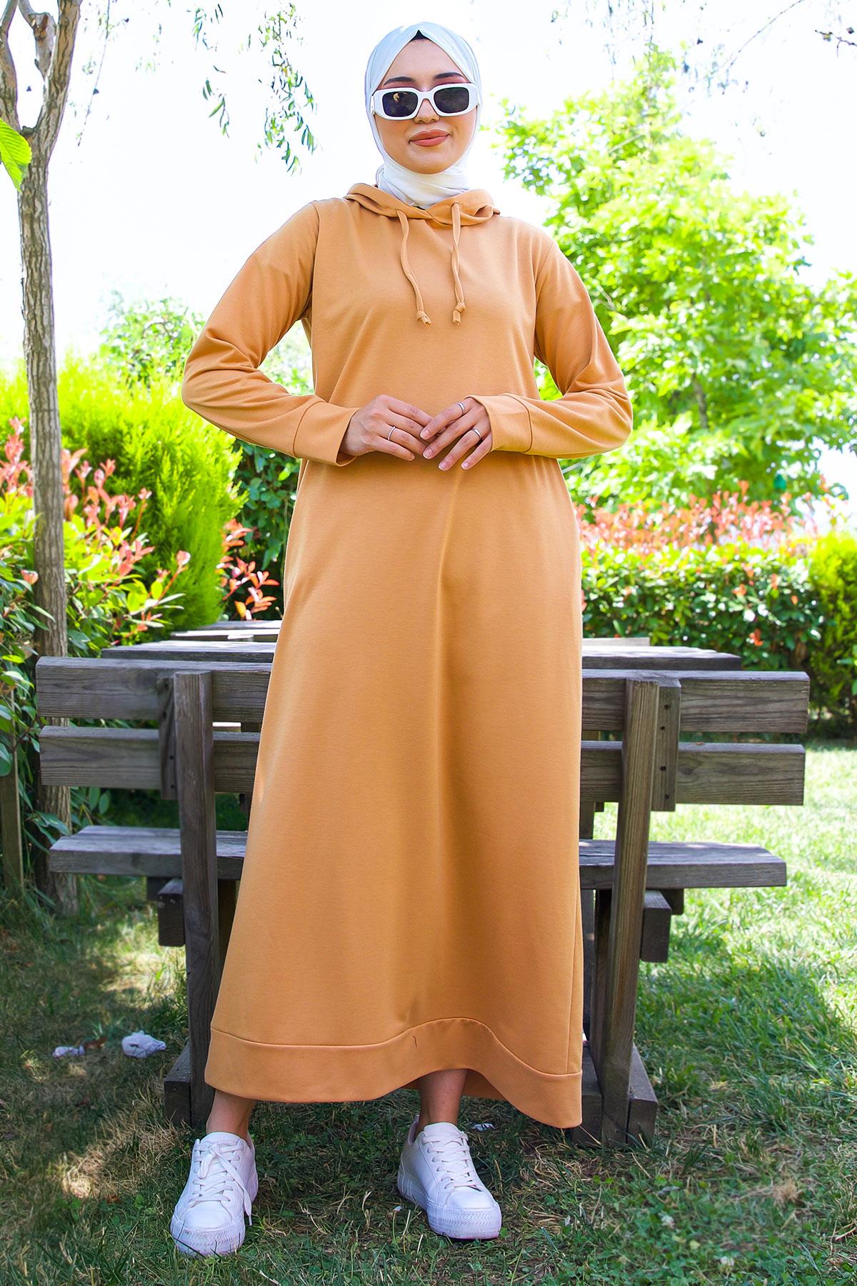 İki İplik Kapüşonlu Elbise Hardal