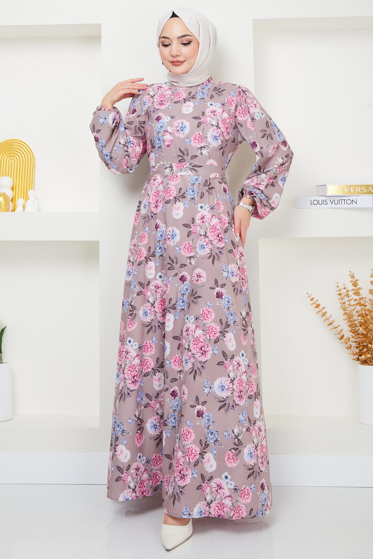 Jessica Çiçek Baskılı Vizon Rengi Elbise HM2372