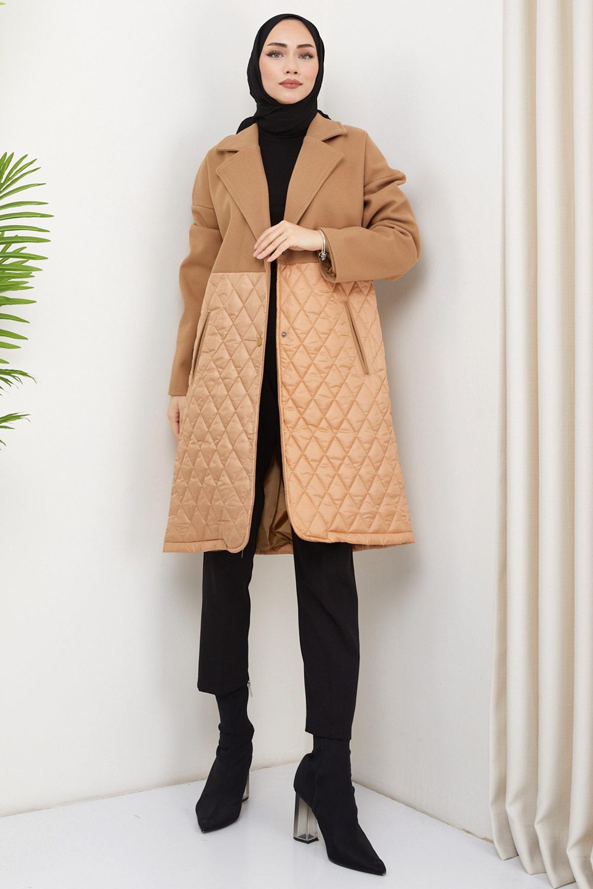 Kapitone Garnili Kaşe Kaban Camel HM2328